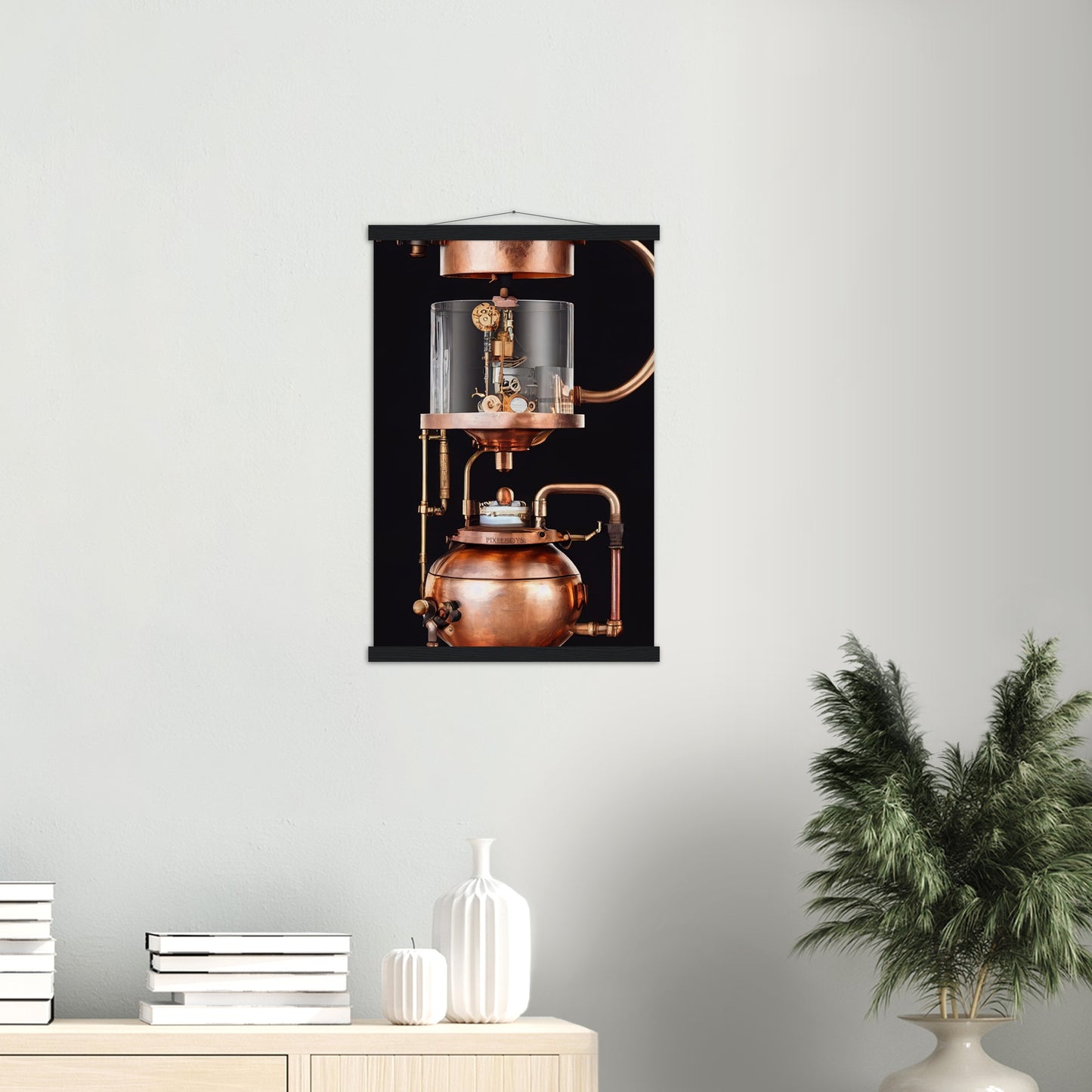 Poster mit Leisten (Holz) - Steampunk - Coffee Maker - No.6 - Collection Cup - Pixelboys - Wandbild - Kunstwerk - Hotelkunst - Kunst auf Postern - Fine Art - Steampunk - Future - Maschine - Poster with frame - Office Poster - Art Brand - Pixelboys - Coffee House - Restaurant Poster - Wall Art - Kunstdruck - Geschenkidee - Kunst auf Acrylglas - Future Coffee Cup - Personalisierbare Tasse - Gastro Tasse - exklusiv - Acryldruck - Gastronomie Poster - Hotelposter - Teestube - Steam Punk Kitchen -   