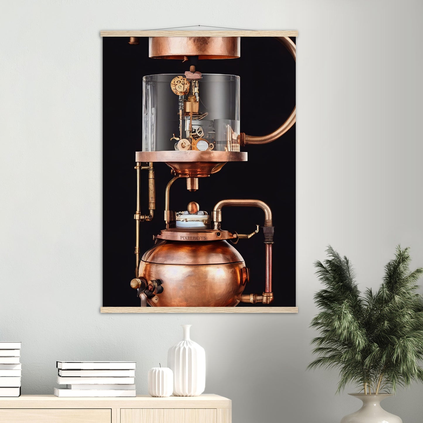 Poster mit Leisten (Holz) - Steampunk - Coffee Maker - No.6 - Collection Cup - Pixelboys - Wandbild - Kunstwerk - Hotelkunst - Kunst auf Postern - Fine Art - Steampunk - Future - Maschine - Poster with frame - Office Poster - Art Brand - Pixelboys - Coffee House - Restaurant Poster - Wall Art - Kunstdruck - Geschenkidee - Kunst auf Acrylglas - Future Coffee Cup - Personalisierbare Tasse - Gastro Tasse - exklusiv - Acryldruck - Gastronomie Poster - Hotelposter - Teestube - Steam Punk Kitchen -   