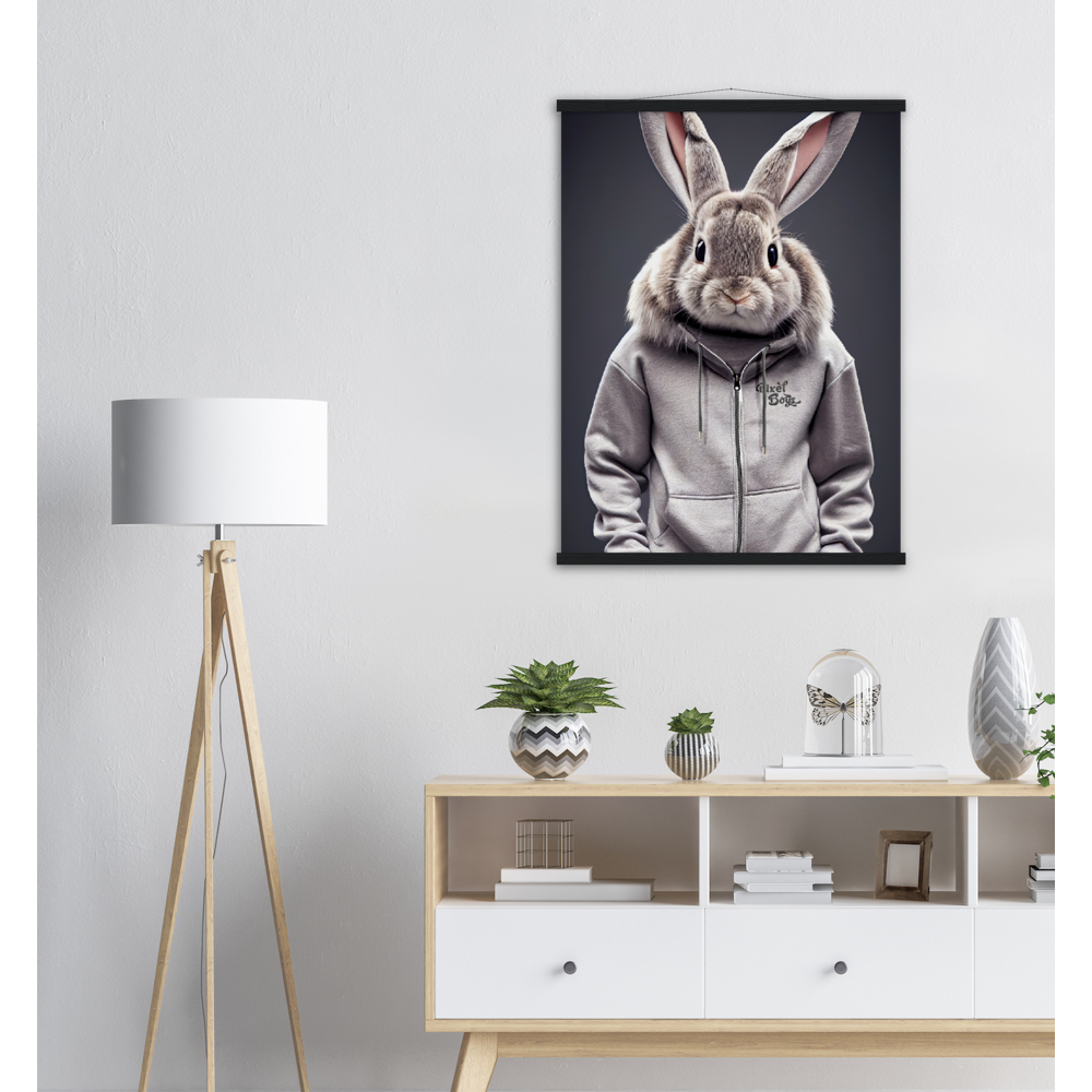 Poster mit Leisten (Holz) - Bunny in grey Tracksuit - "Titus" - Fashion Gang - Wandbild - Ostern - Geschenkidee - Osterhase - Bunny Crew: "Titus" - "Caesar" - "Constantin" - "Cleo" - Weisser Hase - Easter Bunny - Cute - grey tracksuit - sweats - Alice's Adventures in Wonderland - Modemarke - Pixelboys Brand - Constantin der Hase - Hase - Kaninchen  - Künstler: "Pixelboys" - Atelier - Germany - Berlin - Hamburg - Colgne - France - Paris - Italy - Rom - USA - America - New York City - Los Angeles - Chicago - 