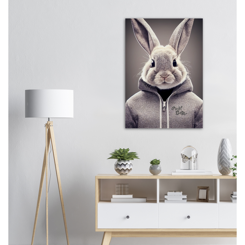 Poster in Museumsqualität - Bunny in grey Hoodie - "Constantin" - Fashion Gang - Wandbild - Ostern - Geschenkidee - Osterhase - Bunny Crew: "Constantin" - "Caesar" - "Titus" - "Cleo" - Weisser Hase - Easter Bunny - Cute - grey Hoodie - sweats - Alice's Adventures in Wonderland - Modemarke - Pixelboys Brand - Constantin der Hase - Hase - Kaninchen  - Künstler: "Pixelboys" - Atelier - Germany - Berlin - Hamburg - Colgne - France - Paris - Italy - Rom - USA - America - New York City - Los Angeles - Chicago - 