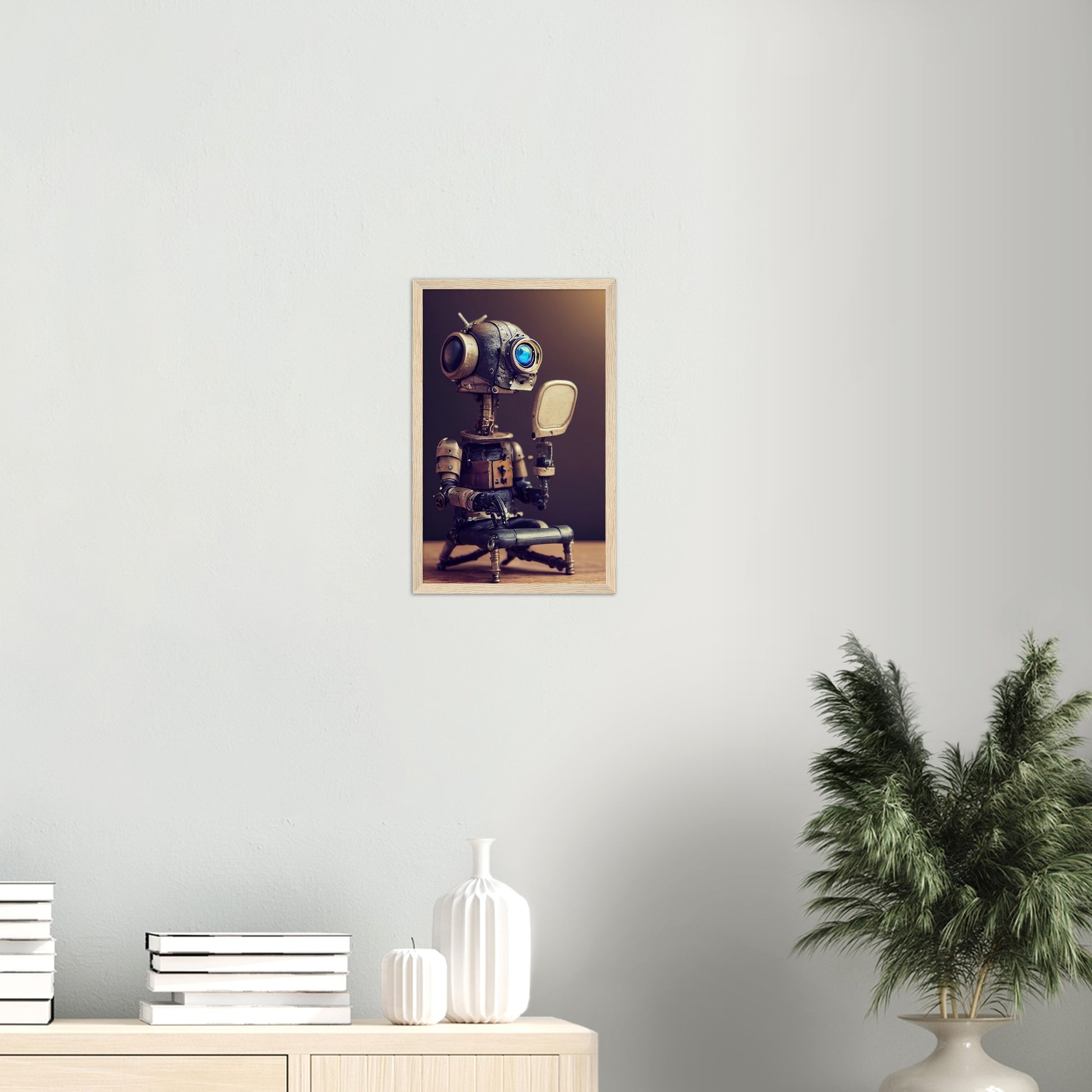 Poster mit Rahmen (Holz) in Museumsqualität - Tiny robot with a mirror - Hitoshi 人 - Wall Art - Spiegel - Acryldruck - Wandkunst - Customizable Coffee Cup - Personalized Gifts - Kunstdruck - Kleine Roboter - Acryldruck - Little Robots - Personalized Gifts - Tiny  - Steampunk - zukunft - Poster with frame - Kunstwerk - Office Poster - Poster mit Rahmen - Kaffee Tasse - Poster - Bedruckte Tassen - Kunst Marke - Art Brand - Kunstdrucke - Künstler: John Grayst & Pixelboys - emotional robots - Geschenkidee - 