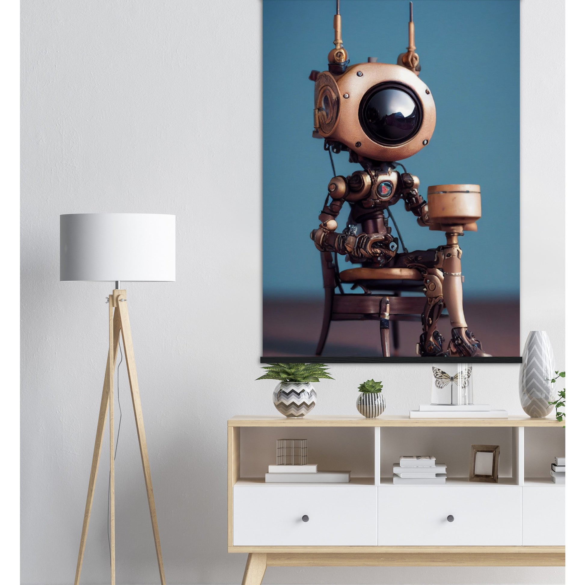 Poster mit Leisten (Holz) in Museumsqualität - Tiny robot with a present - "Tiny Sam" - Wandbild - Customizable Coffee Cup - Personalized Gifts - Kunstdruck - Roboter mit Geschenk - Steampunk - Acryldruck - Present Robots - Personalized Gifts - Poster with frame - nr.5 lebt - zukunft - Kunstwerk - Office Poster - Poster mit Rahmen - Kaffee Tasse  - Bedruckte Tassen - Kunst Marke - Art Brand - Wandbild - Kunstdrucke - Künstler: John Grayst & Pixelboys - emotional robots - Geschenkidee - Wall Art -