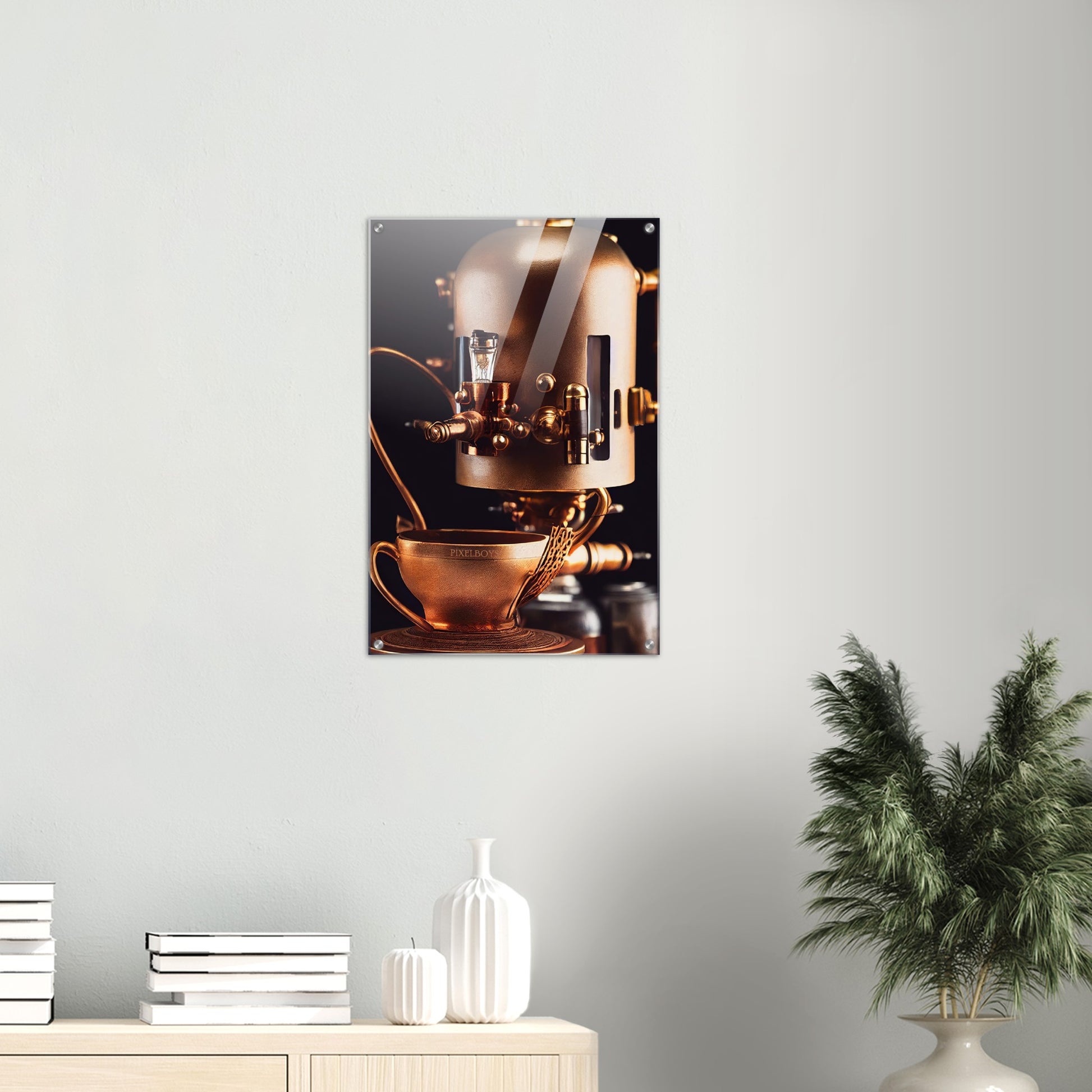 Acrylbild auf Glas - Steampunk - Coffee Maker - No.7 - Collection Cup - Pixelboys - Wandbild - Kunstwerk - Hotelkunst - Kunst auf Postern - Fine Art - Steampunk - Future - Maschine - Poster with frame - Office Poster - Art Brand - Pixelboys - Coffee House - Restaurant Poster - Wall Art - Kunstdruck - Geschenkidee - Kunst auf Acrylglas - Future Coffee Cup - Personalisierbare Tasse - Gastro Tasse - exklusiv - Acryldruck - Gastronomie Poster - Hotelposter - Teestube - Steam Punk Kitchen -   