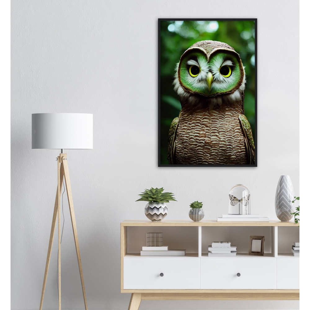 Poster mit Rahmen - Fruit Owl No. 4 - "Kiki", the Kiwi Owl - Wandkunst - Kunstdruck - (lat. tyto actinidia) - Kiwi Eule - Kiwi Owl - Fruchteulen - Vogel - Bird - Strigiformes - Noctua - Ornithologie - Kunstwerk  - Office Poster - Poster mit Rahmen - Kaffee Tasse - Poster mit Leisten - Bedruckte Tassen - Kunst Marke - Art Brand - Acryldruck - Wandbild - Kunstdrucke - Papier: 250g/qm - Künstler: John Grayst & Pixelboys - Eulen - Owl - Geschenkidee - 