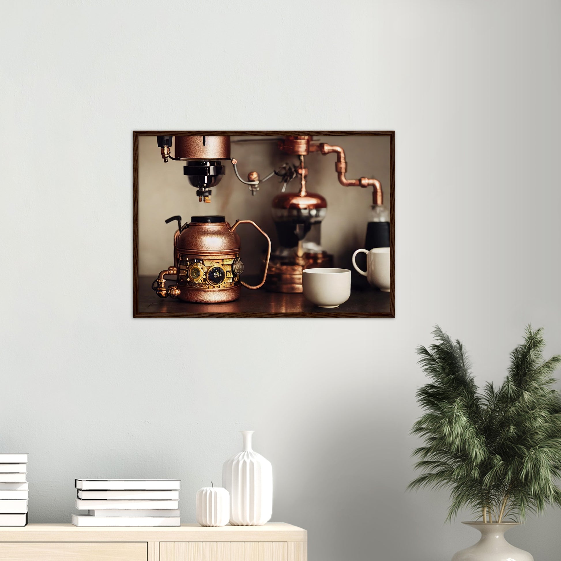 Poster mit Rahmen in Museumsqualität - Steampunk - Coffee Maker - No.1 - Wandbild - Kunstwerk - Kunst auf Postern - Fine Art - Steampunk - Future - Maschine - Poster with frame - Office Poster - Art Brand - Pixelboys - Coffee House - Restaurant Poster - Schöner Wohnen - Dekoration - Wall Art - Kunstdruck - Geschenkidee - Kunst auf Acrylglas - Personalisierbare Tasse - Gastro Poster - Gewerbliche Poster - exklusiv