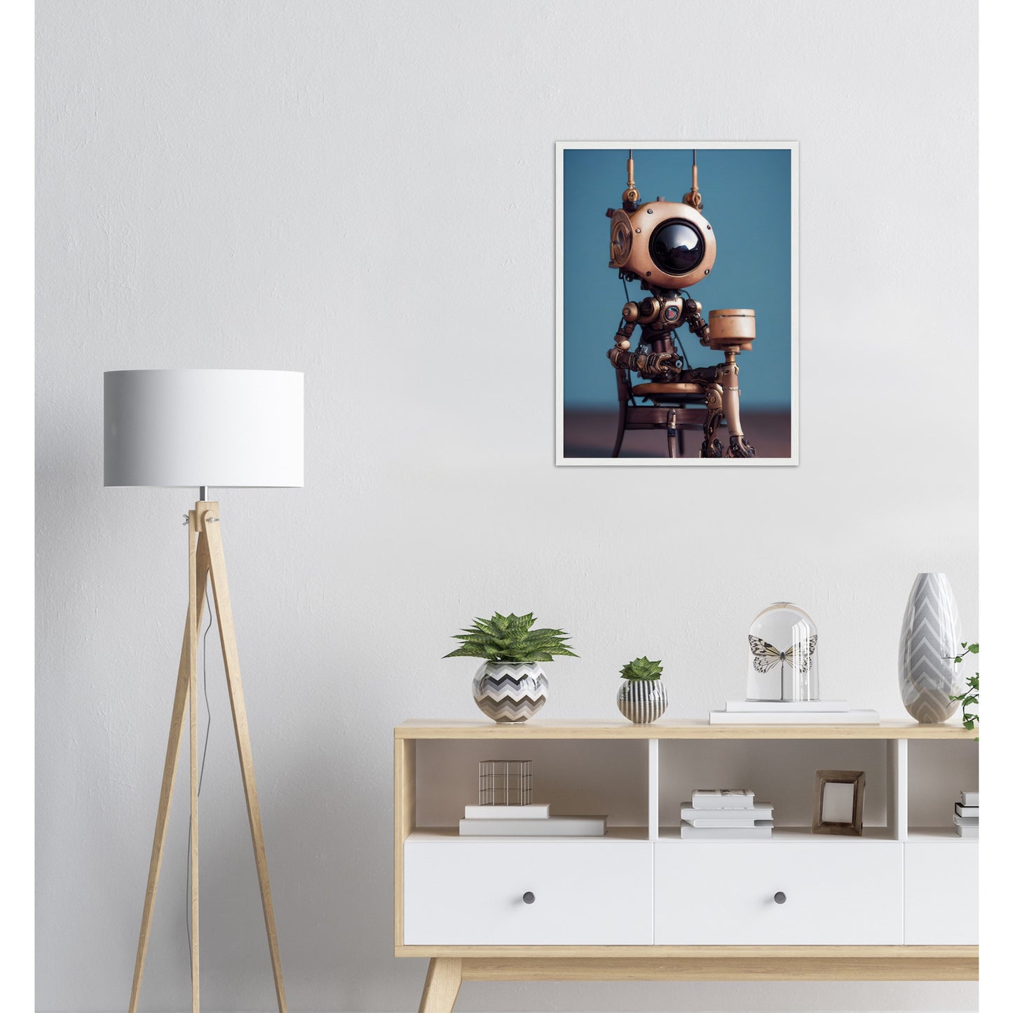 Poster mit Rahmen (Holz) in Museumsqualität - Tiny robot with a present - "Tiny Sam" - Wandbild - Customizable Coffee Cup - Personalized Gifts - Kunstdruck - Roboter mit Geschenk - Steampunk - Acryldruck - Present Robots - Personalized Gifts - Poster with frame - nr.5 lebt - zukunft - Kunstwerk - Office Poster - Poster mit Rahmen - Kaffee Tasse  - Bedruckte Tassen - Kunst Marke - Art Brand - Wandbild - Kunstdrucke - Künstler: John Grayst & Pixelboys - emotional robots - Geschenkidee - Wall Art -