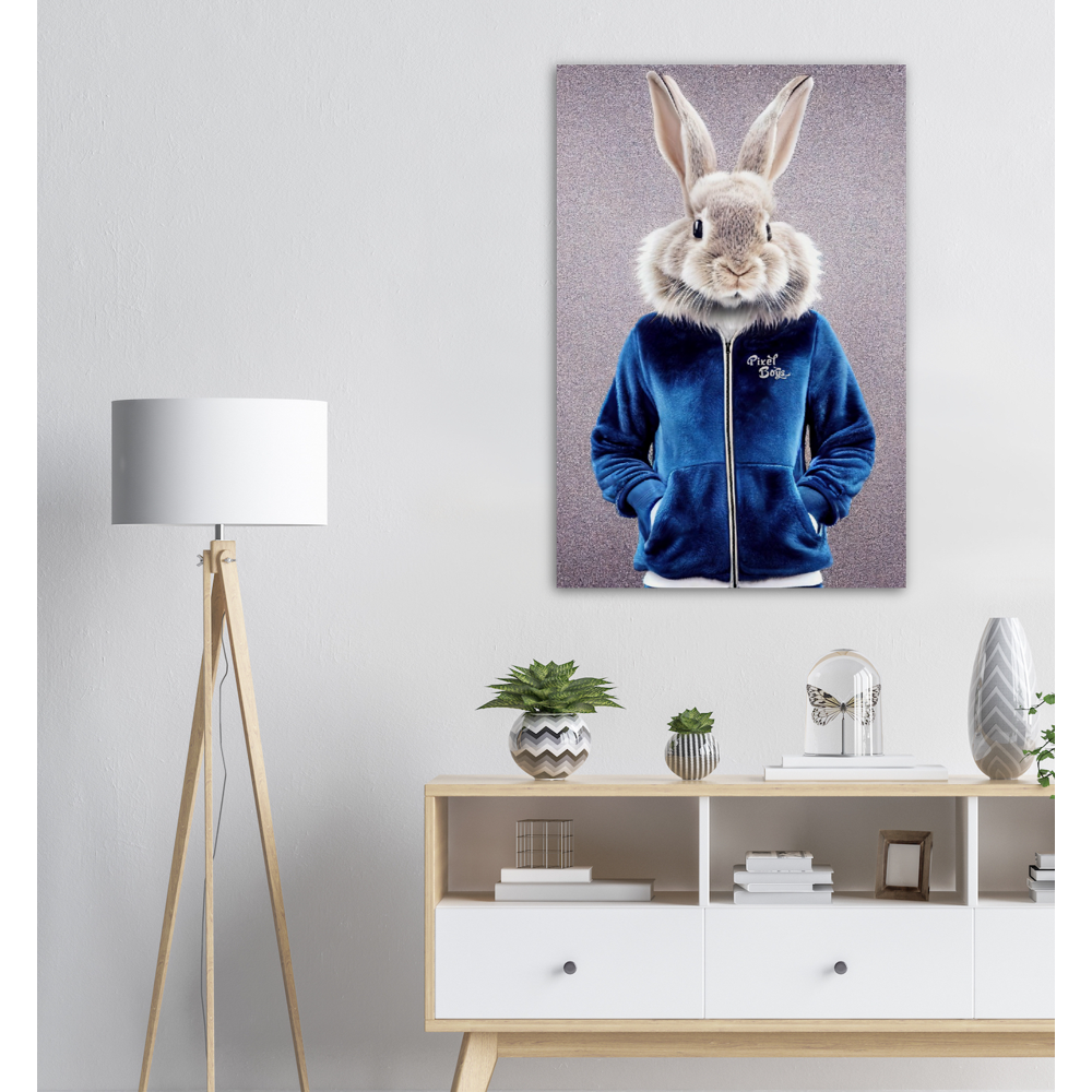 Poster in Museumsqualität - Bunny in blue Tracksuit - "Caesar" - Wandbild - Ostern - Geschenkidee - Osterhase - Bunny Crew: "Caesar" - "Constantin" - "Titus" - "Cleo" - Weisser Hase - Easter Bunny - Cute - blue Tracksuit - Modemarke -Pixelboys Brand - Caesar der Hase - Meister Lampe - Hase - Kaninchen - Karnickel - Stallhase - Künstler: "Pixelboys" - Atelier - Germany - Berlin - France - Paris - Italy - Rom - USA - America - New York City - Los Angeles - Chicago - Houston - Phoenix - Philadelphia 