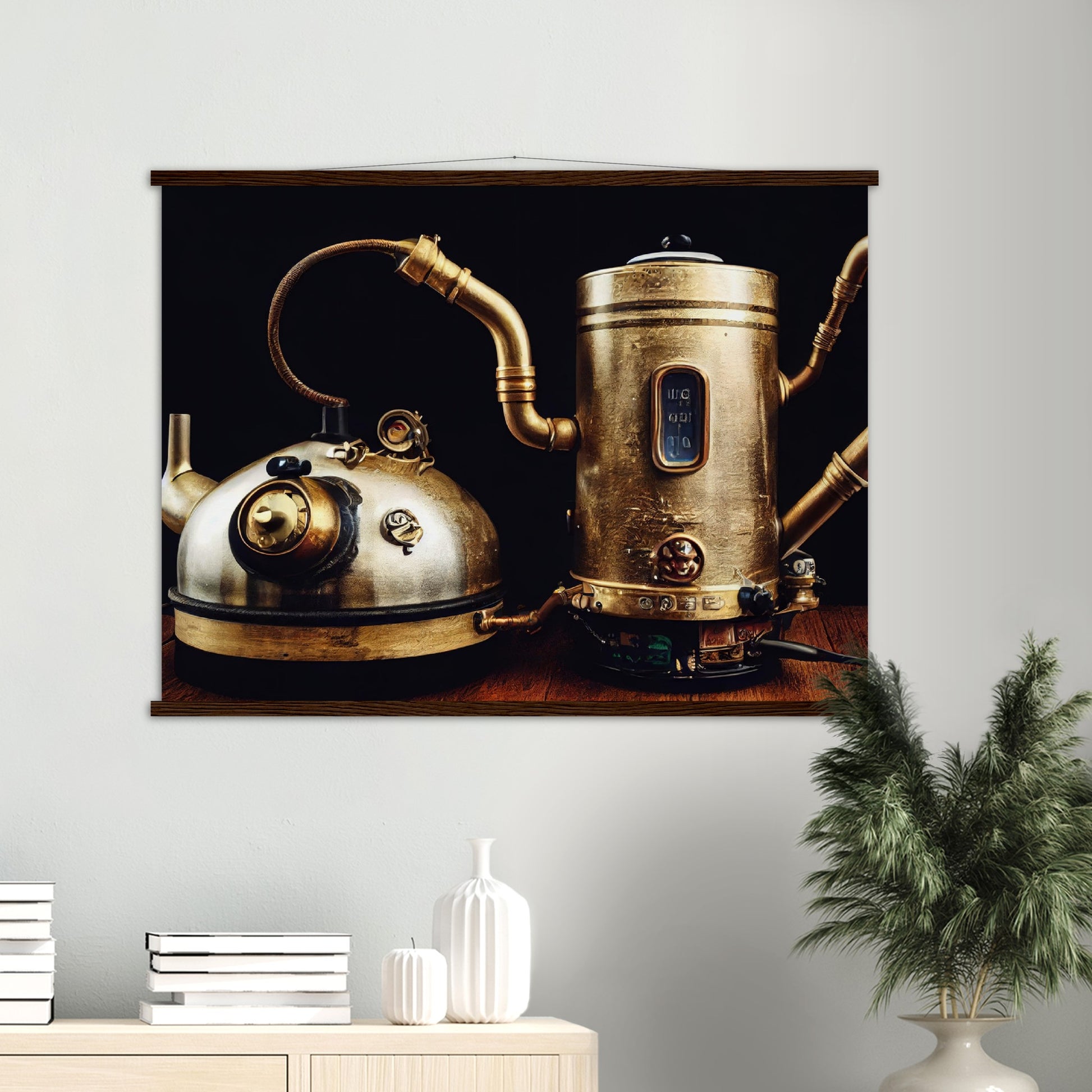 Poster mit Leisten (Holz) in Museumsqualität - Steampunk - Coffee Maker - No.3 - Collection Cup - Pixelboys - Wandbild - Kunstwerk - Hotelkunst - Kunst auf Postern - Fine Art - Steampunk - Future - Maschine - Poster with frame - Office Poster - Art Brand - Pixelboys - Coffee House - Restaurant Poster - Wall Art - Kunstdruck - Geschenkidee - Kunst auf Acrylglas - Future Coffee Cup - Personalisierbare Tasse - Gastro Tasse - exklusiv - Gastronomie Poster - Hotelposter - Steam Punk Kitchen - 