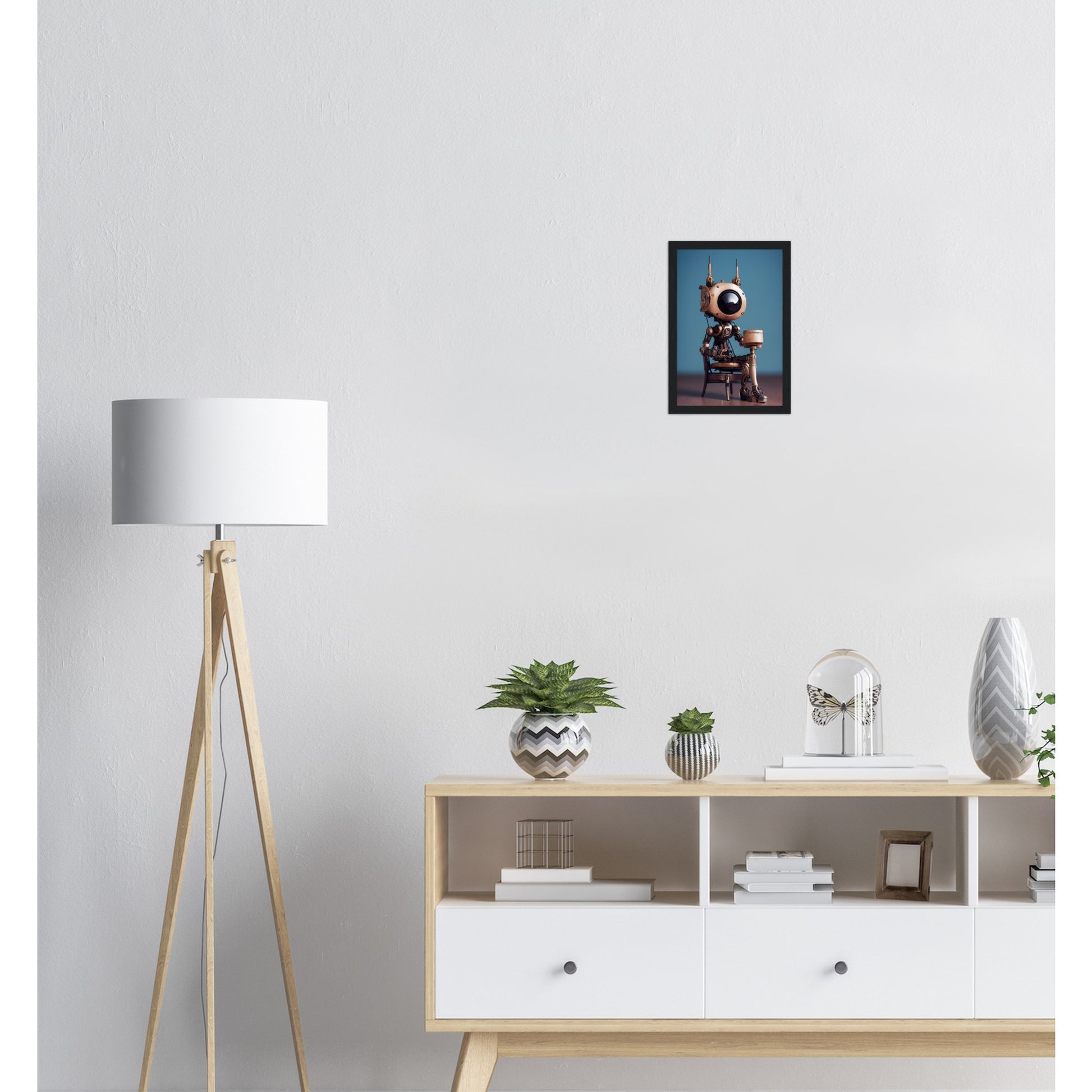 Poster mit Rahmen (Holz) in Museumsqualität - Tiny robot with a present - "Tiny Sam" - Wandbild - Customizable Coffee Cup - Personalized Gifts - Kunstdruck - Roboter mit Geschenk - Steampunk - Acryldruck - Present Robots - Personalized Gifts - Poster with frame - nr.5 lebt - zukunft - Kunstwerk - Office Poster - Poster mit Rahmen - Kaffee Tasse  - Bedruckte Tassen - Kunst Marke - Art Brand - Wandbild - Kunstdrucke - Künstler: John Grayst & Pixelboys - emotional robots - Geschenkidee - Wall Art -