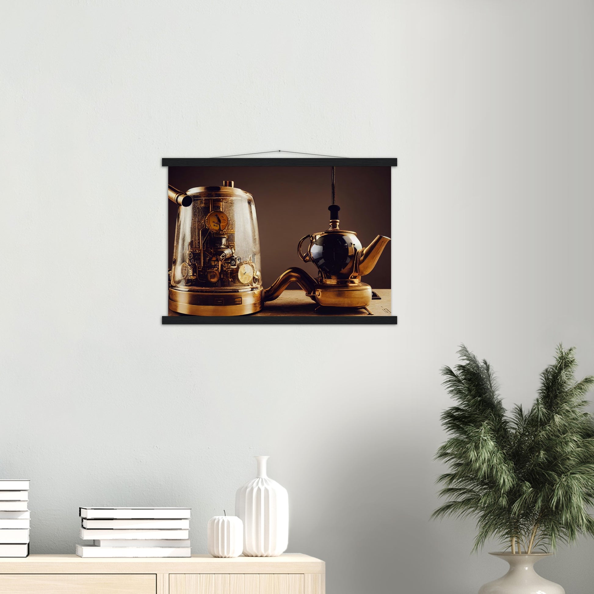 Poster mit Leisten (Holz) - in Museumsqualität - Steampunk - Coffee Maker - No.2 - Pixelboys - Wandbild - Kunstwerk - Hotelkunst - Kunst auf Postern - Fine Art - Steampunk - Future - Maschine - Poster with frame - Office Poster - Art Brand - Pixelboys - Coffee House - Restaurant Poster - Schöner Wohnen - Dekoration - Wall Art - Kunstdruck - Geschenkidee - Kunst auf Acrylglas - Future Coffee Cup - Personalisierbare Tasse - Gastro Poster -  Gewerbliche Poster - exklusiv - Gastronomie Poster - Hotelposter -