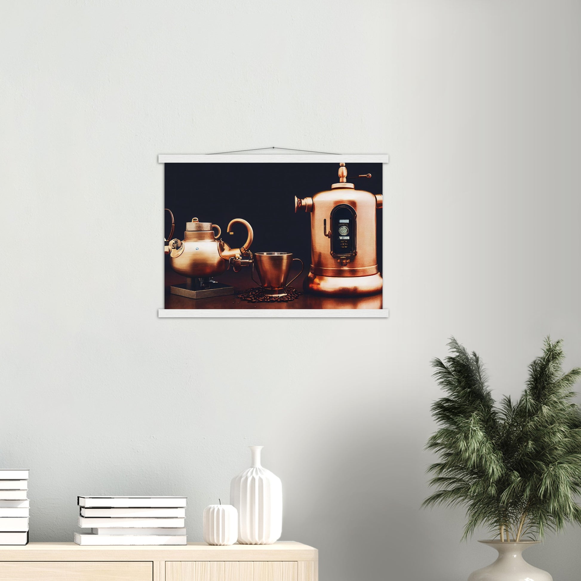 Poster mit Leisten (Holz) - in Museumsqualität - Steampunk - Coffee Maker - No.4 - Collection Cup - Pixelboys - Wandbild - Kunstwerk - Hotelkunst - Kunst auf Postern - Fine Art - Steampunk - Future - Maschine - Poster with frame - Office Poster - Art Brand - Pixelboys - Coffee House - Restaurant Poster - Wall Art - Kunstdruck - Geschenkidee - Kunst auf Acrylglas - Future Coffee Cup - Personalisierbare Tasse - Gastro Tasse - exklusiv - Acryldruck - Gastronomie Poster - Hotelposter - Steam Punk Kitchen -   