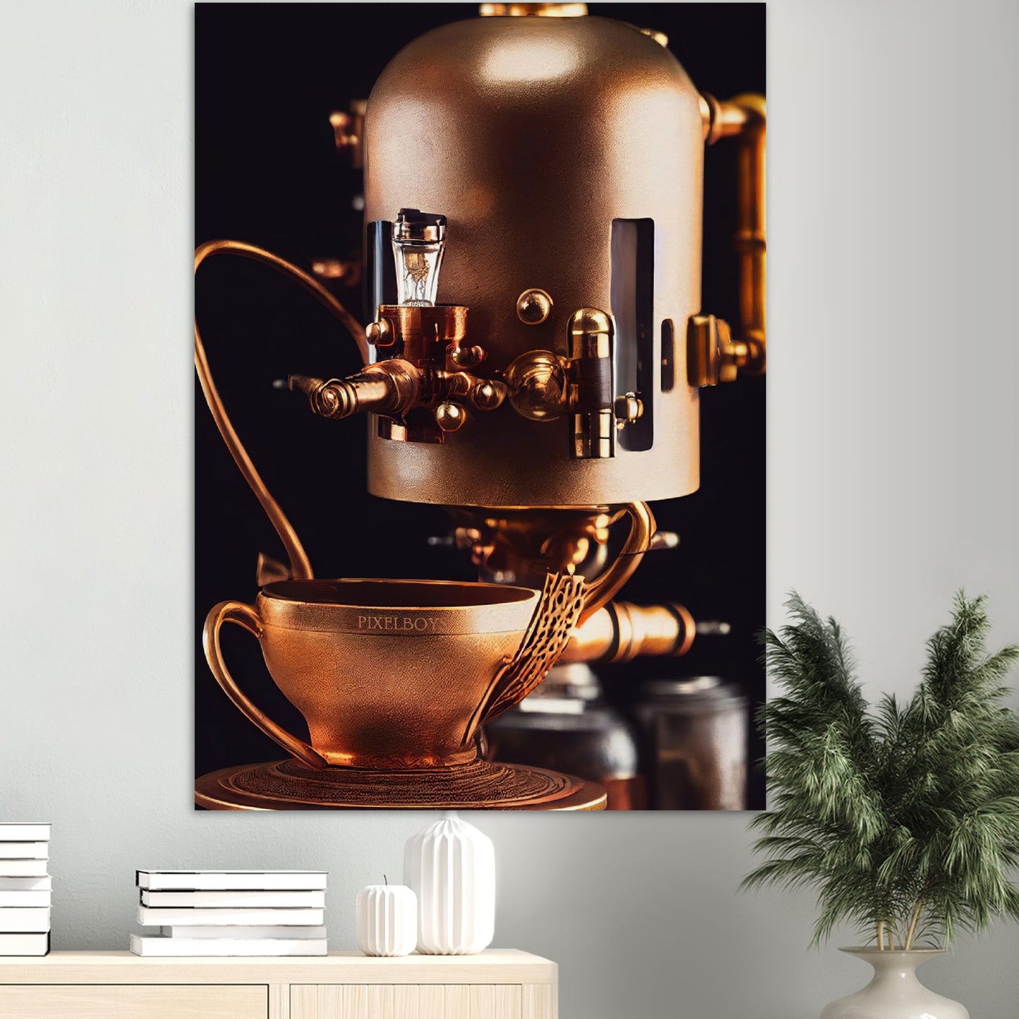 Poster in Museumsqualität - Steampunk - Coffee Maker - No.7 - Collection Cup - Pixelboys - Wandbild - Kunstwerk - Hotelkunst - Kunst auf Postern - Fine Art - Steampunk - Future - Maschine - Poster with frame - Office Poster - Art Brand - Pixelboys - Coffee House - Restaurant Poster - Wall Art - Kunstdruck - Geschenkidee - Kunst auf Acrylglas - Future Coffee Cup - Personalisierbare Tasse - Gastro Tasse - exklusiv - Acryldruck - Gastronomie Poster - Hotelposter - Teestube - Steam Punk Kitchen -   