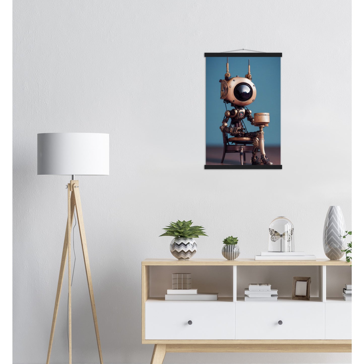 Poster mit Leisten (Holz) in Museumsqualität - Tiny robot with a present - "Tiny Sam" - Wandbild - Customizable Coffee Cup - Personalized Gifts - Kunstdruck - Roboter mit Geschenk - Steampunk - Acryldruck - Present Robots - Personalized Gifts - Poster with frame - nr.5 lebt - zukunft - Kunstwerk - Office Poster - Poster mit Rahmen - Kaffee Tasse  - Bedruckte Tassen - Kunst Marke - Art Brand - Wandbild - Kunstdrucke - Künstler: John Grayst & Pixelboys - emotional robots - Geschenkidee - Wall Art -