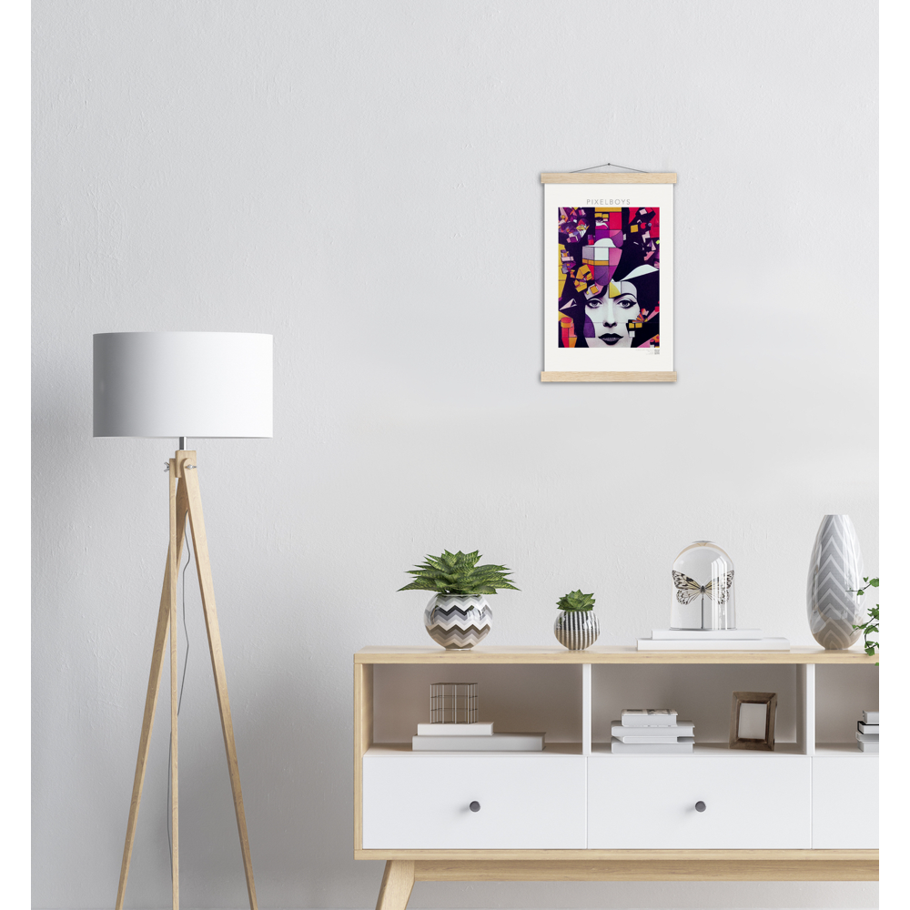 Poster mit Leisten (Holz) - The Queen No.1 - HRH in cubes - Kunstdruck - Queen Elisabeth II - Monarch - HRH - His/Her Royal Highness - Groß Britannien - Commonwealth - The Royal Family - Wandbild - Kubismus - synthetischen Kubismus - Georges Braque - Künstler: "John Grayst" - Atelier - UK - GB - London - 