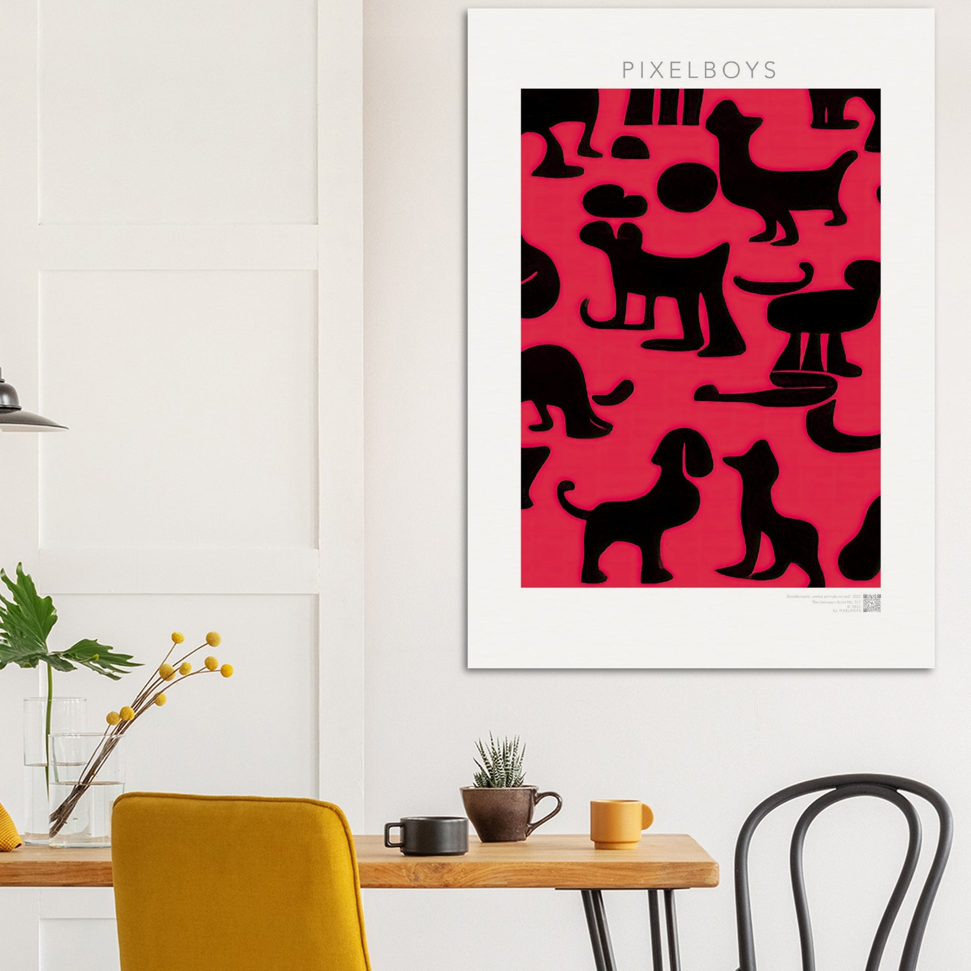 Poster in Museumsqualität - Doodlemania "weird animals on red"- No.2 - Hunde - Katzen - Doodle Kunst - dogs - Cats - gastro - Poster mit Rahmen - doodle artwork - Acrylbild - Kunstdruck - Wandbild - office Poster - Poster with frame -  Künstler: Pixelboys & The Unknown Artist Nb.517 - keith haring - anti stress art - Art Brand - 
