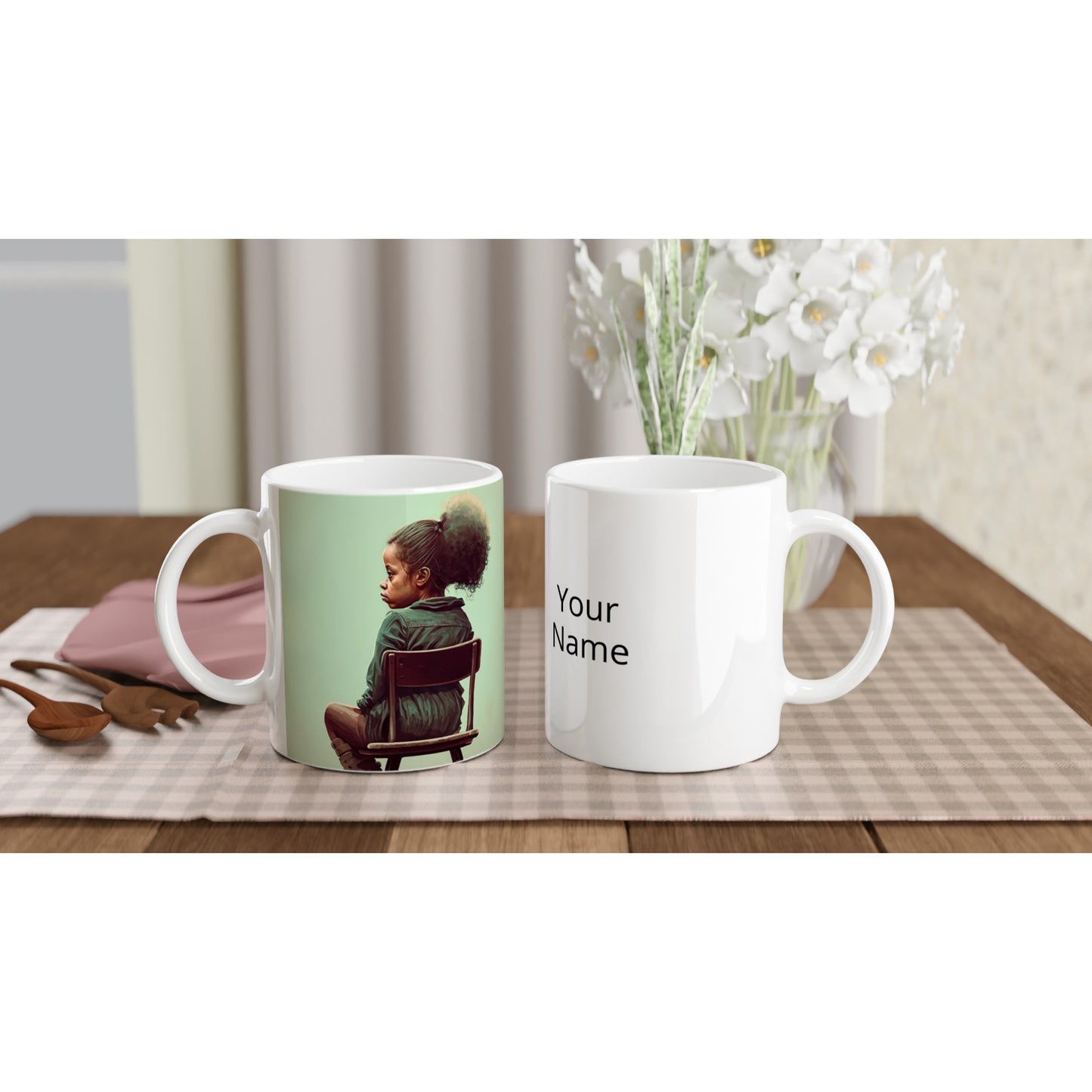 Personalisierte Tasse (bedruckt) - in Museumsqualität - Listening - The daughter - Jessica - rasism - motherhood - Posterleisten - USA - Fineart - Posterrahmen  - Wandkunst - Holzrahmen - Poster with frame - people of color - artwork - art brand - printed cup personalized - Holzleisten - pixelboys - Kunstdrucke - wandbilder - wall art - Kunst auf Tassen  - Office Poster - Gastrotassen - Wanddekoration - Acrylkunst - Geschenkidee - Office Poster - Acryldruck - Abstrakte Kunst - Family Art -