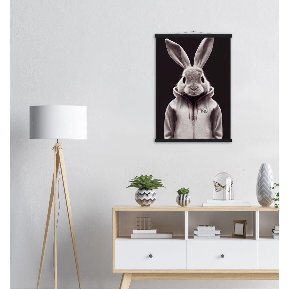 Poster mit Leisten (Holz) - Bunny in grey tracksuit - Fashion Gang - Wandbild - Ostern - Geschenkidee - Osterhase - Bunny Crew: "Valerian" - "Caesar" - "Constantin" - "Cleo"-Titus - Weisser Hase - Easter Bunny - Cute - grey tracksuit - sweats - Alice's Adventures in Wonderland - Modemarke - Pixelboys Brand - Valerian der Hase - Kaninchen  - Künstler: "Pixelboys" - Atelier - Germany - Berlin - Hamburg - Colgne - France - Paris - Italy - Rom - USA - America - New York City - Los Angeles - Chicago - 