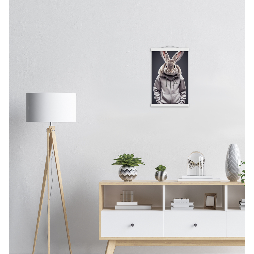 Poster mit Leisten (Holz) - Bunny in grey Tracksuit - "Titus" - Fashion Gang - Wandbild - Ostern - Geschenkidee - Osterhase - Bunny Crew: "Titus" - "Caesar" - "Constantin" - "Cleo" - Weisser Hase - Easter Bunny - Cute - grey tracksuit - sweats - Alice's Adventures in Wonderland - Modemarke - Pixelboys Brand - Constantin der Hase - Hase - Kaninchen  - Künstler: "Pixelboys" - Atelier - Germany - Berlin - Hamburg - Colgne - France - Paris - Italy - Rom - USA - America - New York City - Los Angeles - Chicago - 