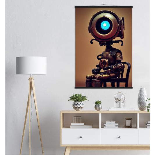 Poster mit Leisten (Holz) - Museumsqualität -  Tiny robot with coffee - "Bobby" - Wandkunst - Papierdicke: 250g/qm - Customizable Coffee Cup - Personalized Gifts - Kunstdruck - Kleine Roboter - Acryldruck - Little Robots - Personalized Gifts - Tiny  - Steampunk - zukunft - Poster with frame - Kunstwerk - Office Poster - Poster mit Rahmen - Kaffee Tasse - Poster - Bedruckte Tassen - Kunst Marke - Art Brand - Wandbild - Kunstdrucke - Künstler: John Grayst & Pixelboys - emotional robots - Geschenkidee -