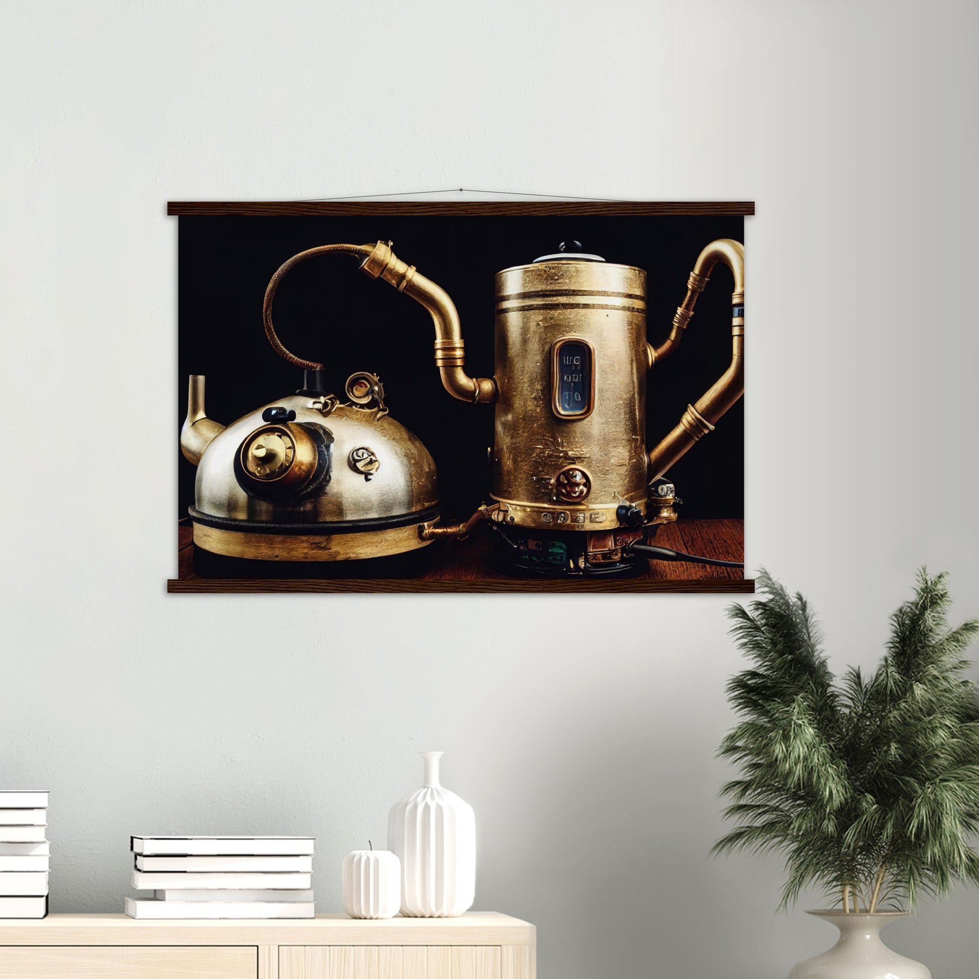 Poster mit Leisten (Holz) in Museumsqualität - Steampunk - Coffee Maker - No.3 - Collection Cup - Pixelboys - Wandbild - Kunstwerk - Hotelkunst - Kunst auf Postern - Fine Art - Steampunk - Future - Maschine - Poster with frame - Office Poster - Art Brand - Pixelboys - Coffee House - Restaurant Poster - Wall Art - Kunstdruck - Geschenkidee - Kunst auf Acrylglas - Future Coffee Cup - Personalisierbare Tasse - Gastro Tasse - exklusiv - Gastronomie Poster - Hotelposter - Steam Punk Kitchen - 