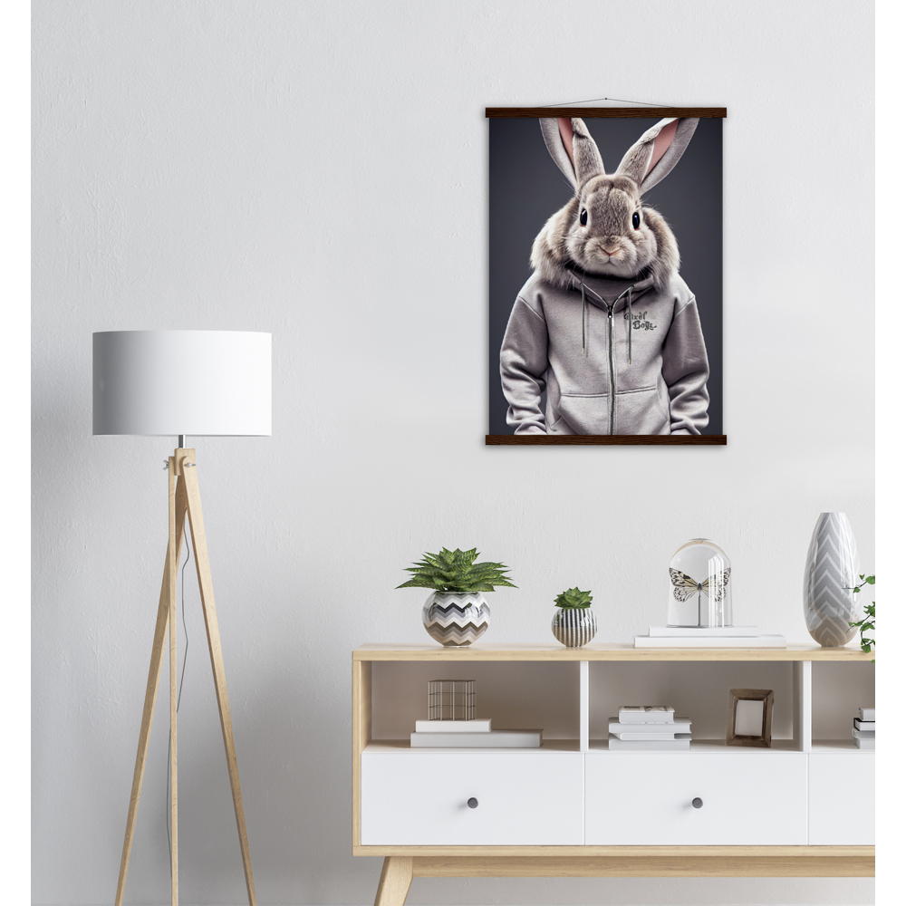 Poster mit Leisten (Holz) - Bunny in grey Tracksuit - "Titus" - Fashion Gang - Wandbild - Ostern - Geschenkidee - Osterhase - Bunny Crew: "Titus" - "Caesar" - "Constantin" - "Cleo" - Weisser Hase - Easter Bunny - Cute - grey tracksuit - sweats - Alice's Adventures in Wonderland - Modemarke - Pixelboys Brand - Constantin der Hase - Hase - Kaninchen  - Künstler: "Pixelboys" - Atelier - Germany - Berlin - Hamburg - Colgne - France - Paris - Italy - Rom - USA - America - New York City - Los Angeles - Chicago - 