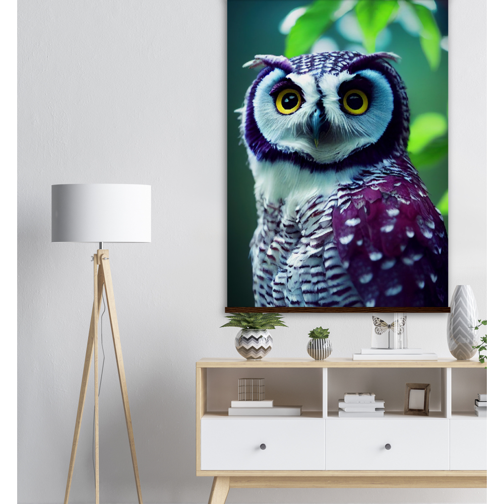 Poster mit Leisten (Holz) - Fruit Owl No.5 - "Sini", the bluberry owl - Wandkunst - Kunstdruck - Heidelbeereule - (lat. bubo vaccinium) - Teebecher - Heidelbeere Eule - Fruchteulen - blueberry owl- Vogel - Uhu - Bird - Strigiformes - Noctua - Ornithologie - Kunstwerk  - Office Poster - Poster mit Rahmen - Kaffee Tasse - Poster mit Leisten - Bedruckte Tassen - Kunst Marke - Art Brand - Acryldruck - Wandbild - Kunstdrucke - Papier: 250g/qm - Künstler: John Grayst & Pixelboys - Eulen - Owl - Geschenkidee - 