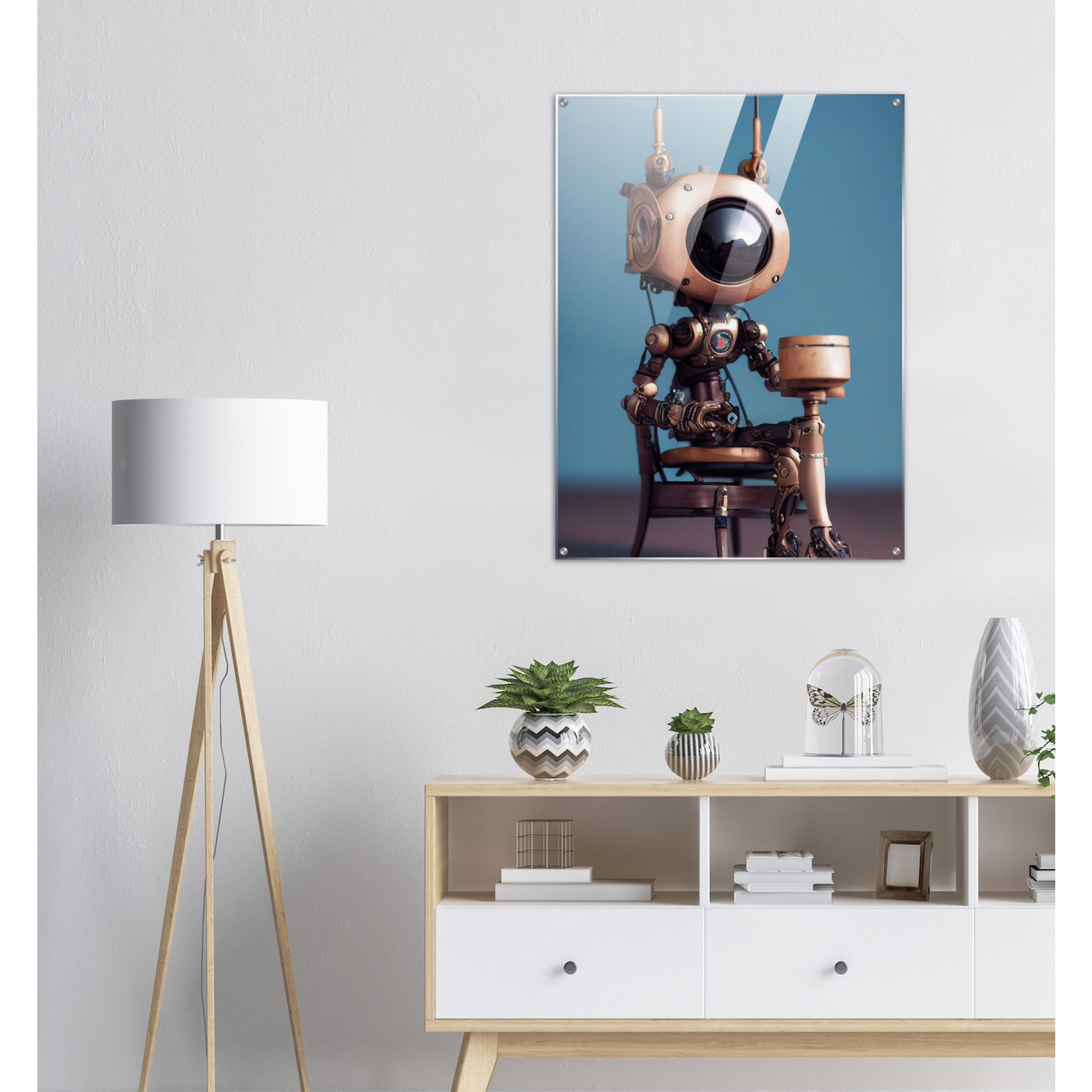 Acrylbild in Museumsqualität - Tiny robot with a present - "Tiny Sam" - Wandbild - Customizable Coffee Cup - Personalized Gifts - Kunstdruck - Roboter mit Geschenk - Steampunk - Acryldruck - Present Robots - Personalized Gifts - Poster with frame - nr.5 lebt - zukunft - Kunstwerk - Office Poster - Poster mit Rahmen - Kaffee Tasse  - Bedruckte Tassen - Kunst Marke - Art Brand - Wandbild - Kunstdrucke - Künstler: John Grayst & Pixelboys - emotional robots - Geschenkidee - Wall Art -