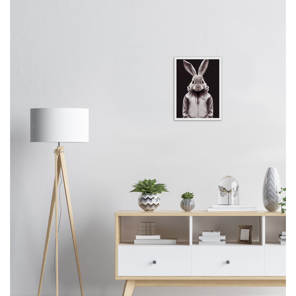 Poster mit Rahmen (Holz) - Bunny in grey tracksuit - Fashion Gang - Wandbild - Ostern - Geschenkidee - Osterhase - Bunny Crew: "Valerian" - "Caesar" - "Constantin" - "Cleo"-Titus - Weisser Hase - Easter Bunny - Cute - grey tracksuit - sweats - Alice's Adventures in Wonderland - Modemarke - Pixelboys Brand - Valerian der Hase - Kaninchen  - Künstler: "Pixelboys" - Atelier - Germany - Berlin - Hamburg - Colgne - France - Paris - Italy - Rom - USA - America - New York City - Los Angeles - Chicago - 