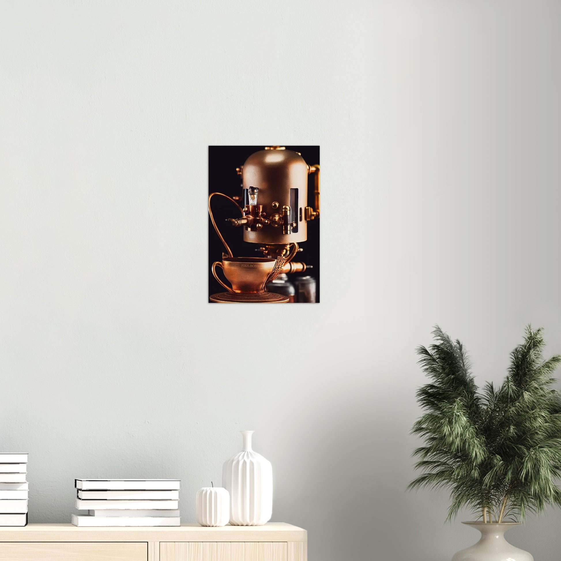 Poster in Museumsqualität - Steampunk - Coffee Maker - No.7 - Collection Cup - Pixelboys - Wandbild - Kunstwerk - Hotelkunst - Kunst auf Postern - Fine Art - Steampunk - Future - Maschine - Poster with frame - Office Poster - Art Brand - Pixelboys - Coffee House - Restaurant Poster - Wall Art - Kunstdruck - Geschenkidee - Kunst auf Acrylglas - Future Coffee Cup - Personalisierbare Tasse - Gastro Tasse - exklusiv - Acryldruck - Gastronomie Poster - Hotelposter - Teestube - Steam Punk Kitchen -   