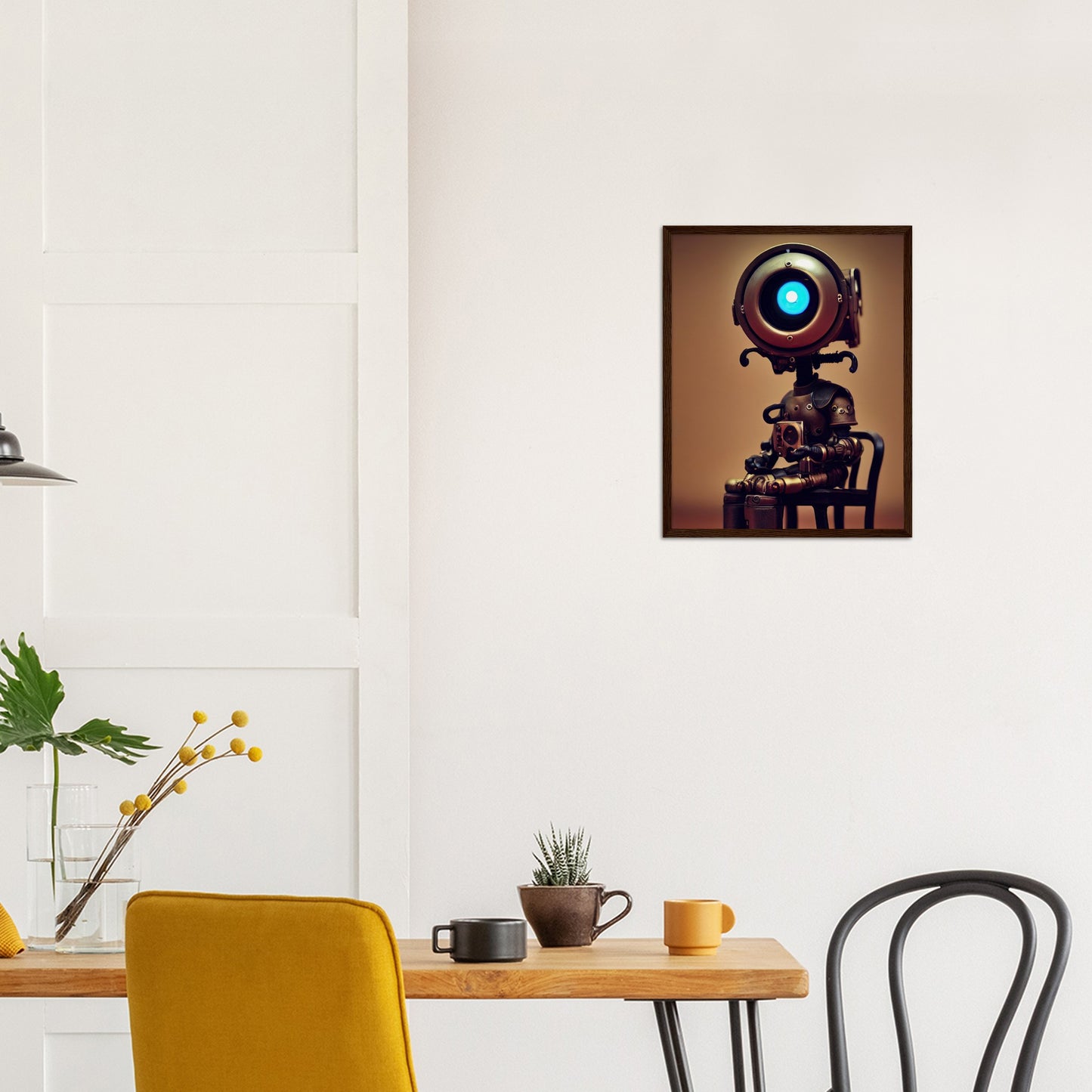 Poster mit Rahmen (Holz) - Museumsqualität -  Tiny robot with coffee - "Bobby" - Wandkunst - Papierdicke: 250g/qm - Customizable Coffee Cup - Personalized Gifts - Kunstdruck - Kleine Roboter - Acryldruck - Little Robots - Personalized Gifts - Tiny  - Steampunk - zukunft - Poster with frame - Kunstwerk - Office Poster - Poster mit Rahmen - Kaffee Tasse - Poster - Bedruckte Tassen - Kunst Marke - Art Brand - Wandbild - Kunstdrucke - Künstler: John Grayst & Pixelboys - emotional robots - Geschenkidee -