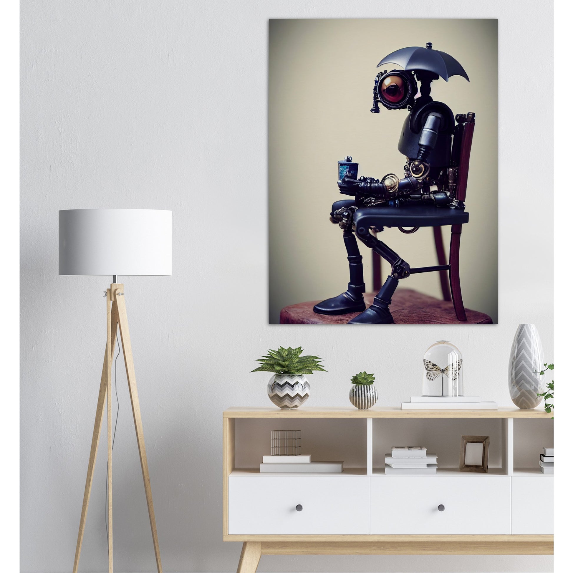 Poster in Museumsqualität - Tiny robot with an umbrella "Louis" - Regenschirm - Acryldruck - Wandkunst - Customizable Coffee Cup - Personalized Gifts - Kunstdruck - Kleine Roboter - Acryldruck - Little Robots - Personalized Gifts - Tiny  - Steampunk - zukunft - Poster with frame - Kunstwerk - Office Poster - Poster mit Rahmen - Kaffee Tasse - Poster - Bedruckte Tassen - Kunst Marke - Art Brand - Kunstdrucke - Künstler: John Grayst & Pixelboys - emotional robots - Geschenkidee -