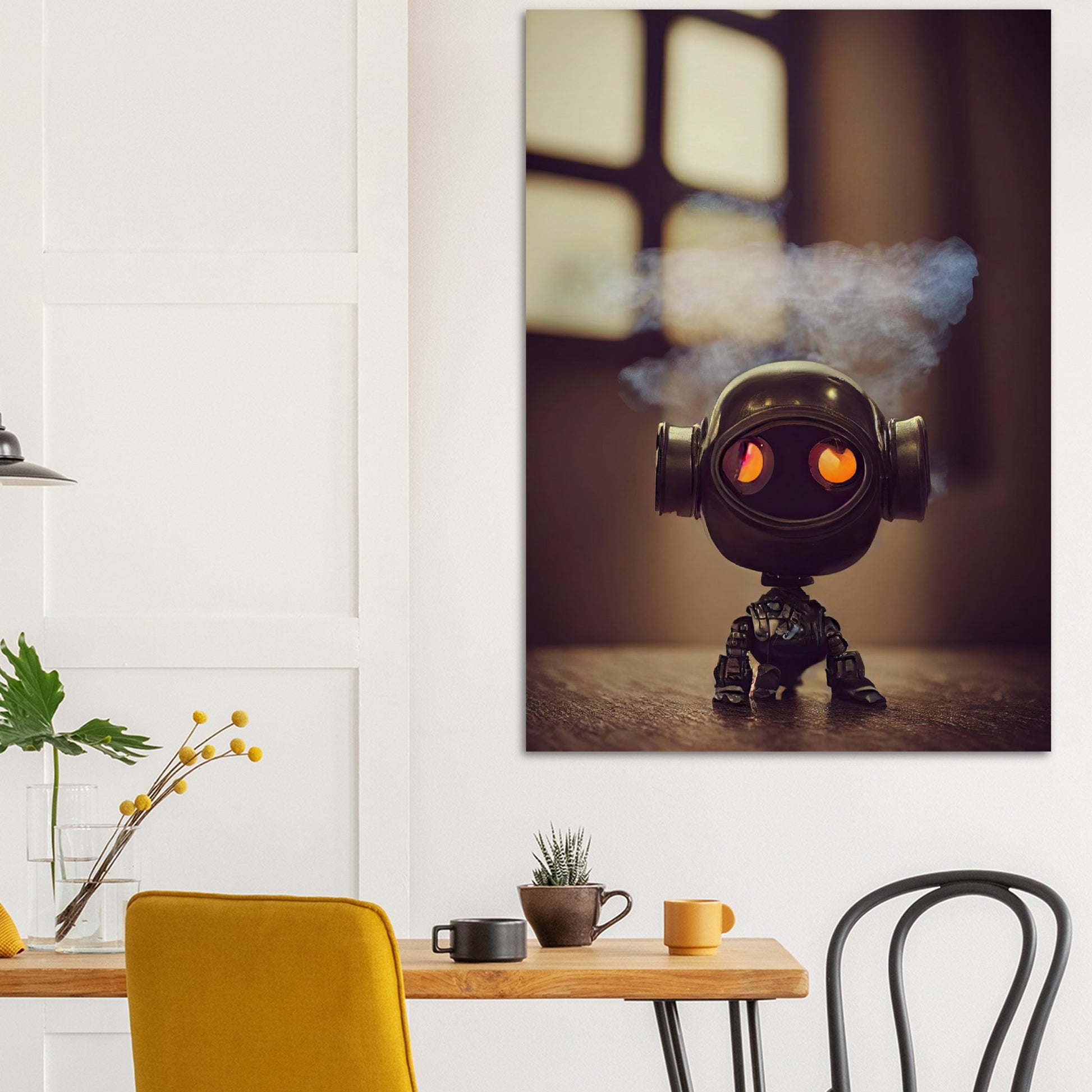 Poster in Museumsqualität - Tiny robot - with smoke around his head - "Tiny Tim" - Wandbild - Customizable Coffee Cup - Museumsqualität - Personalized Gifts - Kunstdruck - Rauchender Roboter - Steampunk - Acryldruck - Smoking Robots - Personalized Gifts - Poster with frame - blech - nr.5 lebt - zukunft - Kunstwerk - Office Poster - Poster mit Rahmen - Kaffee Tasse  - Bedruckte Tassen - Kunst Marke - Art Brand - Wandbild - Kunstdrucke - Künstler: John Grayst & Pixelboys - emotional robots - Geschenkidee -