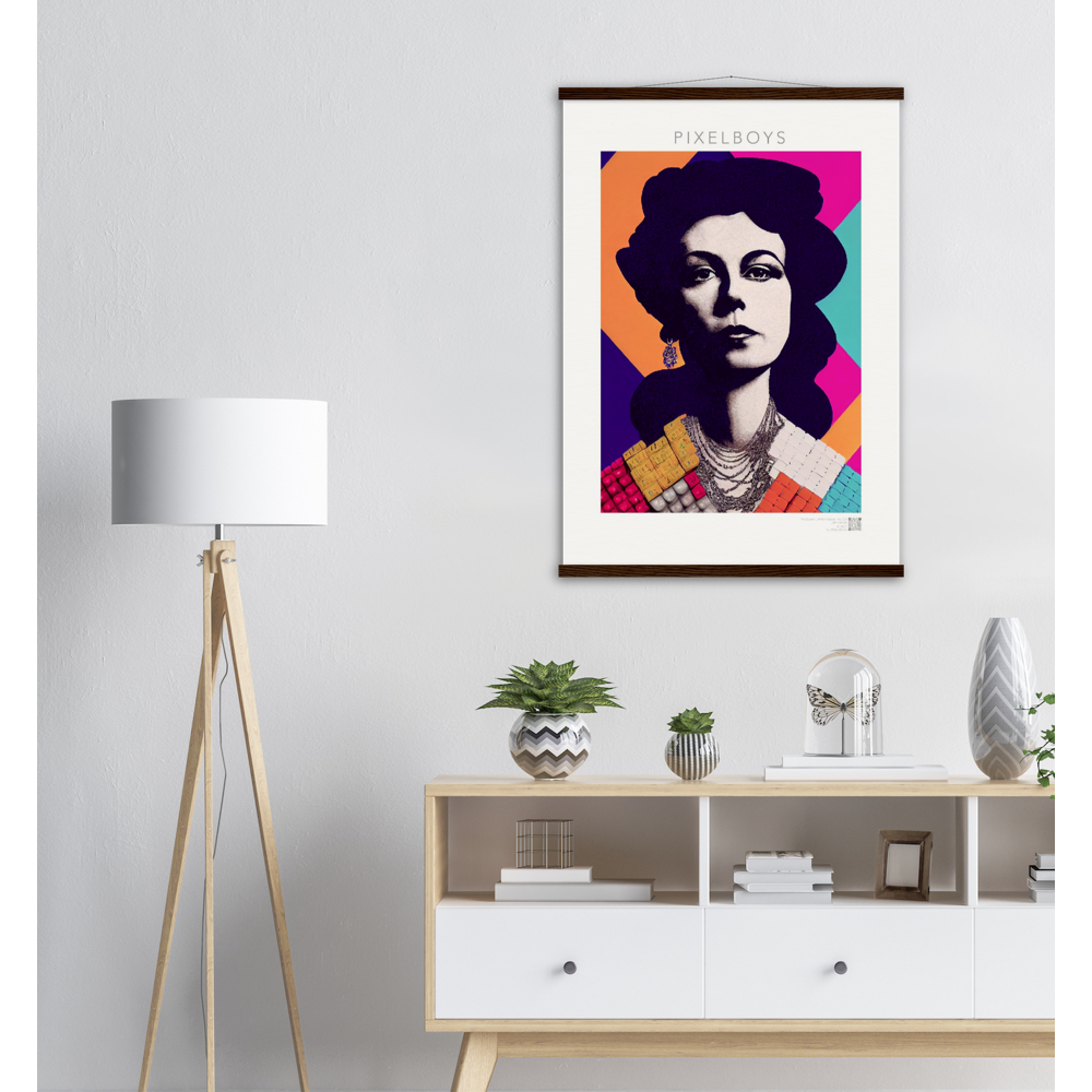  Poster mit Leisten (Holz) - in Museumsqualität - The Queen No.3 - HRH in cubes - Kunstdruck - 250g/qm - Queen Elisabeth II - Monarch - HRH - His/Her Royal Highness - Groß Britannien - Commonwealth - The Royal Family - Wandbild - Kubismus - synthetischen Kubismus - Georges Braque - Künstler: "John Grayst" - Atelier - UK - GB - London - 