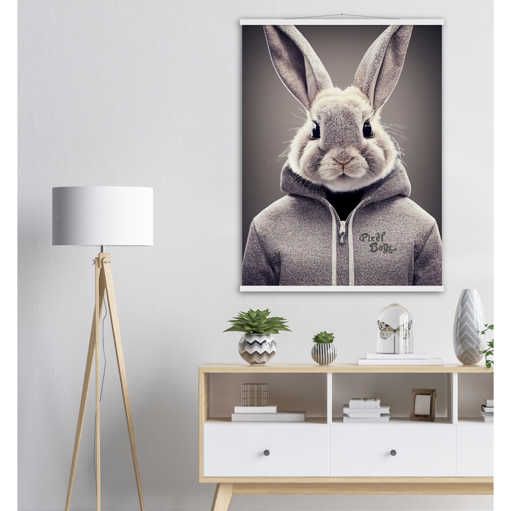 Poster mit Leisten (Holz) - Bunny in grey Hoodie - "Constantin" - Fashion Gang - Wandbild - Ostern - Geschenkidee - Osterhase - Bunny Crew: "Constantin" - "Caesar" - "Titus" - "Cleo" - Weisser Hase - Easter Bunny - Cute - grey Hoodie - sweats - Alice's Adventures in Wonderland - Modemarke - Pixelboys Brand - Constantin der Hase - Hase - Kaninchen  - Künstler: "Pixelboys" - Atelier - Germany - Berlin - Hamburg - Colgne - France - Paris - Italy - Rom - USA - America - New York City - Los Angeles - Chicago - 