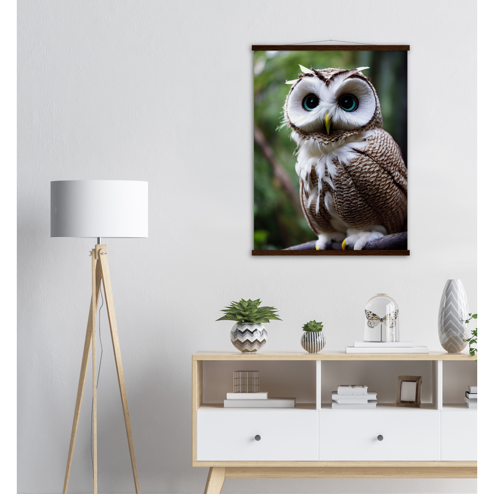 Poster mit Leisten (Holz) - Fruit Owl No.6 - "Cornelius", the coconut owl - Wandkunst - Museumsqualität - Kunstdruck - Kokusnuseule - Kokosnuss-Uhu (lat. bubo vaccinium)  - Acryldruck - Fruchteulen - coconut owl - Vogel - Uhu - Bird - Strigiformes - Noctua - Ornithologie - Kunstwerk  - Office Poster - Poster mit Rahmen - Kaffee Tasse - Poster mit Leisten - Bedruckte Tassen - Kunst Marke - Art Brand - Wandbild - Kunstdrucke - Papier: 250g/qm - Künstler: John Grayst & Pixelboys - Eulen - Owl - Geschenkidee - 