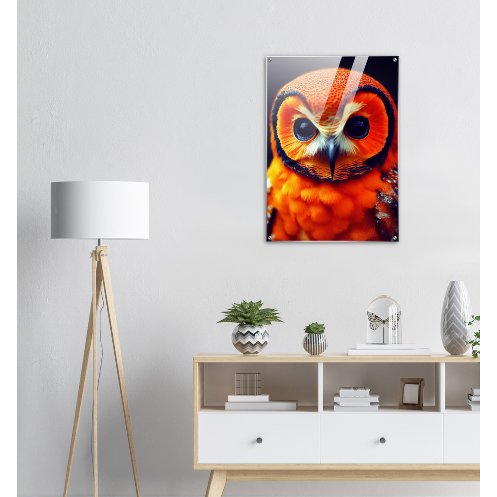 Acrylbild - Fruit Owl No. 1 - "Orangina", the orange owl - Serie Fruit Owls - Schleiereulen - lat. Tytonidae - Fruchteulen - Vogel - Bird - Strigiformes - Noctua - Ornithologie - Kunstwerk - Acryldruck - Poster mit Rahmen - Poster mit Leisten - Bedruckte Tassen - Kunst Marke - Art Brand - Pixelboys - Kunstdruck - Acryldruck - Wandbild - Kunstdrucke - Papier: 250g/qm - Künstler: John Grayst & Pixelboys - Eulen - Owl-  - Atelier - England - London - Birmingham - Manchester - Leeds - Liverpool  