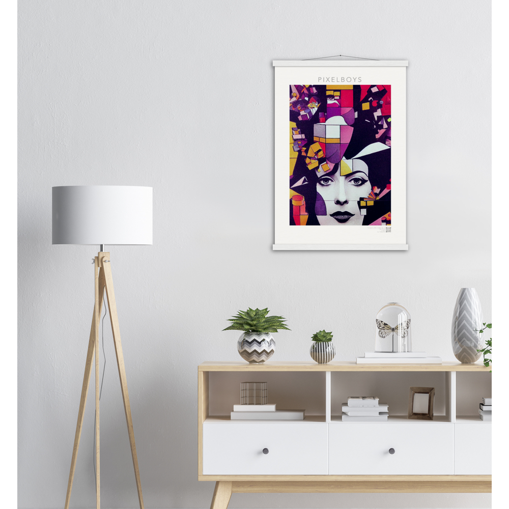 Poster mit Leisten (Holz) - The Queen No.1 - HRH in cubes - Kunstdruck - Queen Elisabeth II - Monarch - HRH - His/Her Royal Highness - Groß Britannien - Commonwealth - The Royal Family - Wandbild - Kubismus - synthetischen Kubismus - Georges Braque - Künstler: "John Grayst" - Atelier - UK - GB - London - 