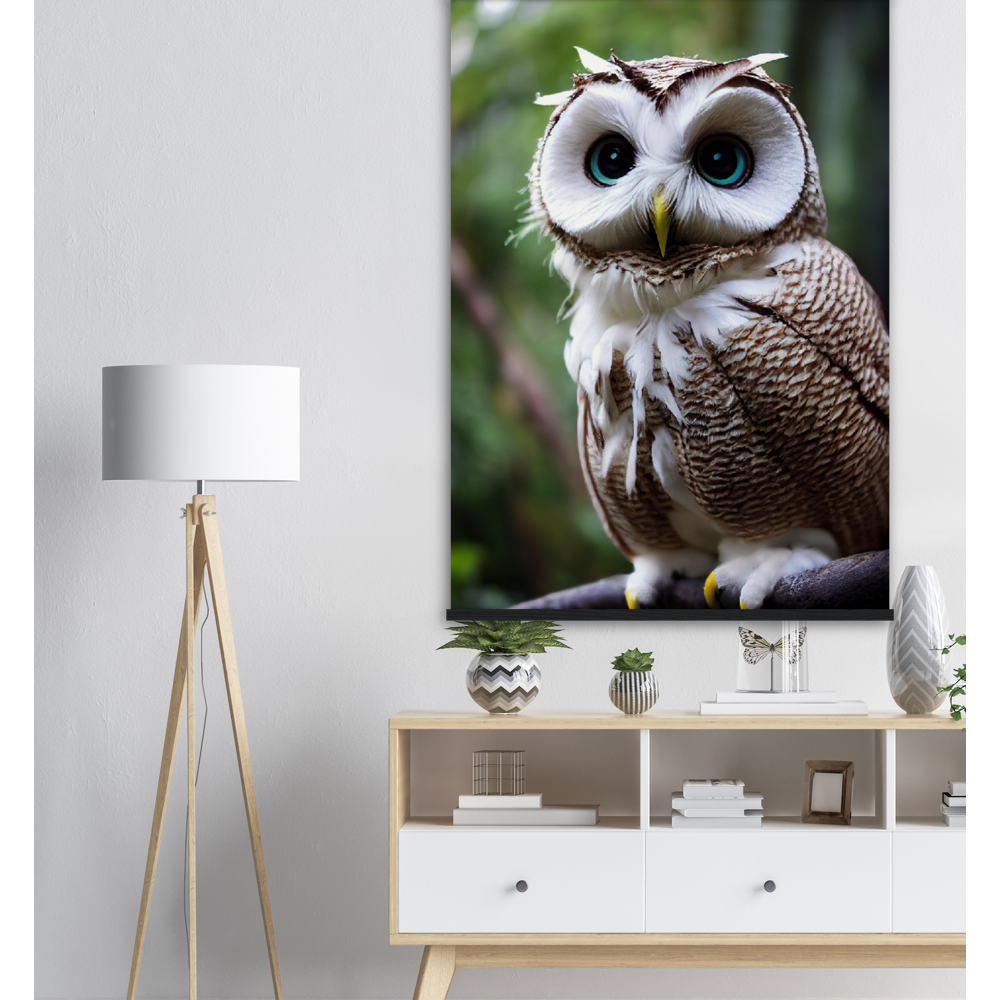 Poster mit Leisten (Holz) - Fruit Owl No.6 - "Cornelius", the coconut owl - Wandkunst - Museumsqualität - Kunstdruck - Kokusnuseule - Kokosnuss-Uhu (lat. bubo vaccinium)  - Acryldruck - Fruchteulen - coconut owl - Vogel - Uhu - Bird - Strigiformes - Noctua - Ornithologie - Kunstwerk  - Office Poster - Poster mit Rahmen - Kaffee Tasse - Poster mit Leisten - Bedruckte Tassen - Kunst Marke - Art Brand - Wandbild - Kunstdrucke - Papier: 250g/qm - Künstler: John Grayst & Pixelboys - Eulen - Owl - Geschenkidee - 