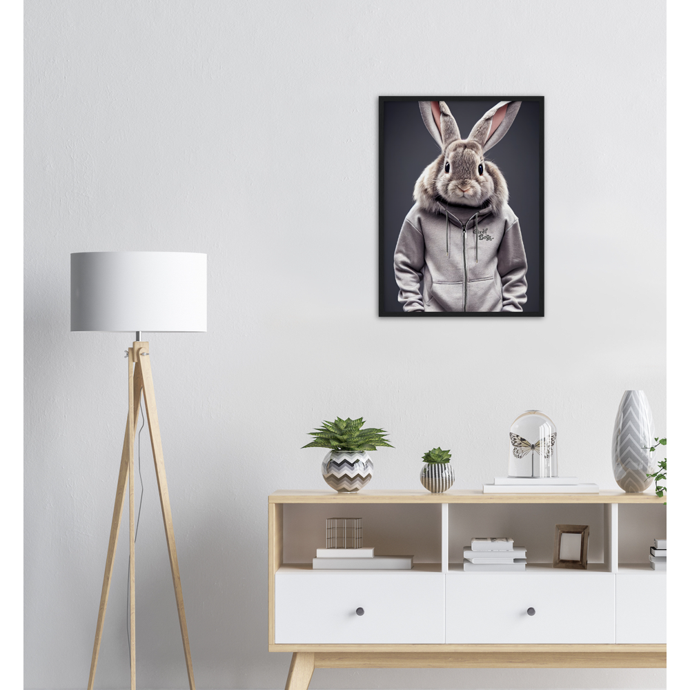 Poster mit Rahmen (Holz) - Bunny in grey Tracksuit - "Titus" - Fashion Gang - Wandbild - Ostern - Geschenkidee - Osterhase - Bunny Crew: "Titus" - "Caesar" - "Constantin" - "Cleo" - Weisser Hase - Easter Bunny - Cute - grey tracksuit - sweats - Alice's Adventures in Wonderland - Modemarke - Pixelboys Brand - Titus der Hase - Hase - Kaninchen  - Künstler: "Pixelboys" - Atelier - Germany - Berlin - Hamburg - Colgne - France - Paris - Italy - Rom - USA - America - New York City - Los Angeles - Chicago - 