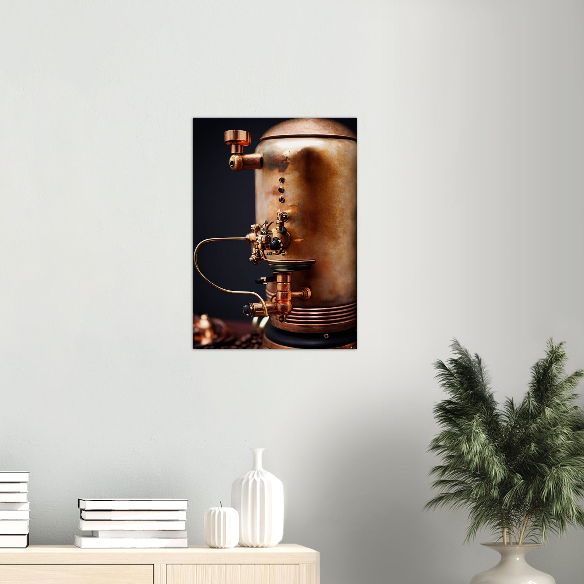 Poster in Museumsqualität - Steampunk - Coffee Maker - No.5 - Collection Cup - Pixelboys - Wandbild - Kunstwerk - Hotelkunst - Kunst auf Postern - Fine Art - Steampunk - Future - Maschine - Poster with frame - Office Poster - Art Brand - Pixelboys - Coffee House - Restaurant Poster - Wall Art - Kunstdruck - Geschenkidee - Kunst auf Acrylglas - Future Coffee Cup - Personalisierbare Tasse - Gastro Tasse - exklusiv - Acryldruck - Gastronomie Poster - Hotelposter - Steam Punk Kitchen -   