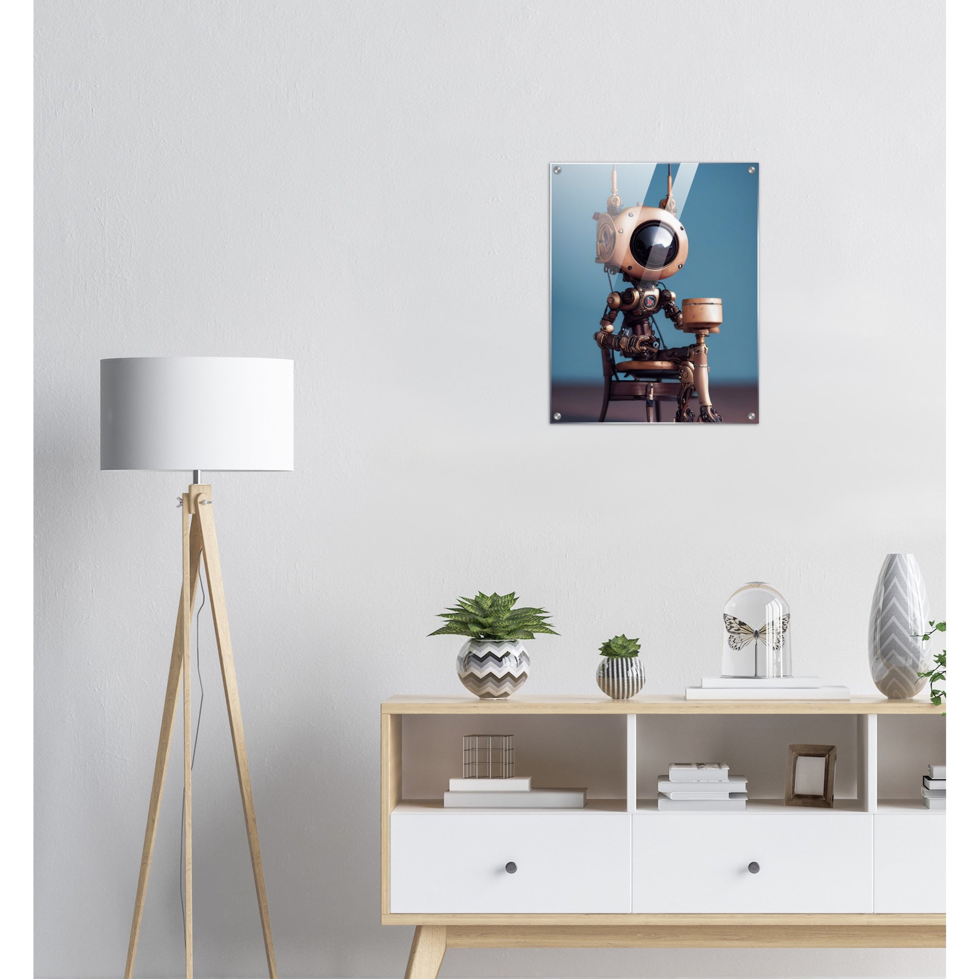 Acrylbild in Museumsqualität - Tiny robot with a present - "Tiny Sam" - Wandbild - Customizable Coffee Cup - Personalized Gifts - Kunstdruck - Roboter mit Geschenk - Steampunk - Acryldruck - Present Robots - Personalized Gifts - Poster with frame - nr.5 lebt - zukunft - Kunstwerk - Office Poster - Poster mit Rahmen - Kaffee Tasse  - Bedruckte Tassen - Kunst Marke - Art Brand - Wandbild - Kunstdrucke - Künstler: John Grayst & Pixelboys - emotional robots - Geschenkidee - Wall Art -