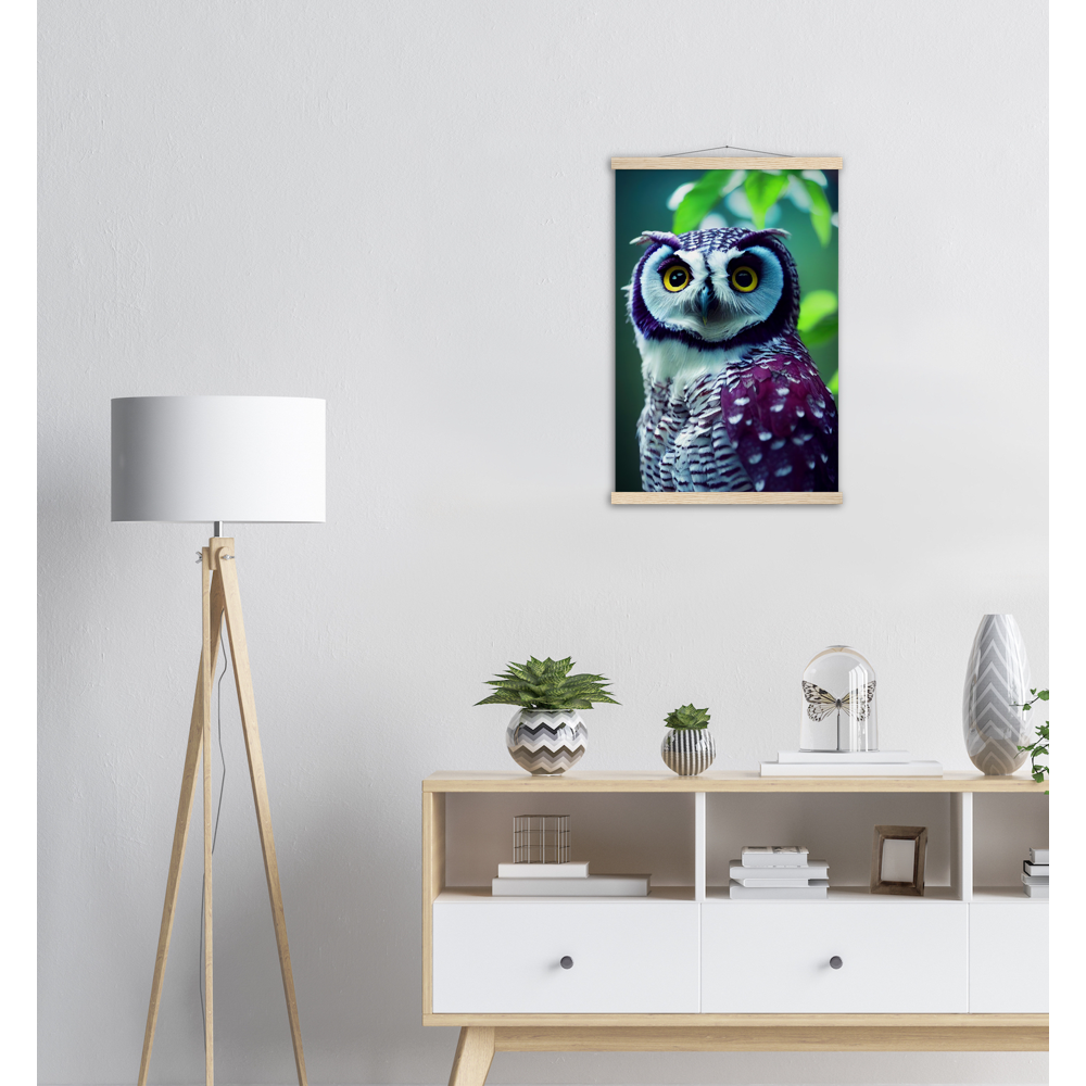 Poster mit Leisten (Holz) - Fruit Owl No.5 - "Sini", the bluberry owl - Wandkunst - Kunstdruck - Heidelbeereule - (lat. bubo vaccinium) - Teebecher - Heidelbeere Eule - Fruchteulen - blueberry owl- Vogel - Uhu - Bird - Strigiformes - Noctua - Ornithologie - Kunstwerk  - Office Poster - Poster mit Rahmen - Kaffee Tasse - Poster mit Leisten - Bedruckte Tassen - Kunst Marke - Art Brand - Acryldruck - Wandbild - Kunstdrucke - Papier: 250g/qm - Künstler: John Grayst & Pixelboys - Eulen - Owl - Geschenkidee - 