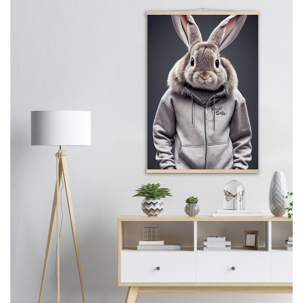 Poster mit Leisten (Holz) - Bunny in grey Tracksuit - "Titus" - Fashion Gang - Wandbild - Ostern - Geschenkidee - Osterhase - Bunny Crew: "Titus" - "Caesar" - "Constantin" - "Cleo" - Weisser Hase - Easter Bunny - Cute - grey tracksuit - sweats - Alice's Adventures in Wonderland - Modemarke - Pixelboys Brand - Constantin der Hase - Hase - Kaninchen  - Künstler: "Pixelboys" - Atelier - Germany - Berlin - Hamburg - Colgne - France - Paris - Italy - Rom - USA - America - New York City - Los Angeles - Chicago - 