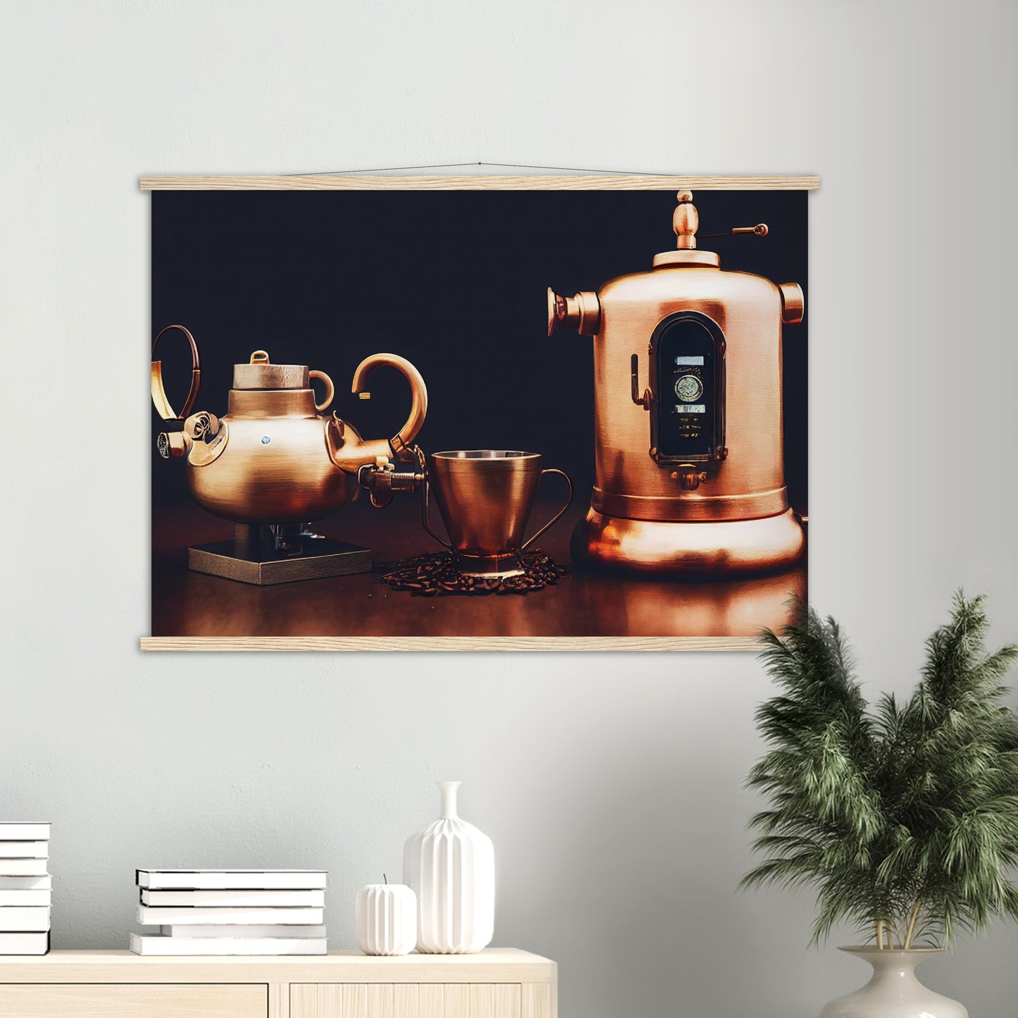 Poster mit Leisten (Holz) - in Museumsqualität - Steampunk - Coffee Maker - No.4 - Collection Cup - Pixelboys - Wandbild - Kunstwerk - Hotelkunst - Kunst auf Postern - Fine Art - Steampunk - Future - Maschine - Poster with frame - Office Poster - Art Brand - Pixelboys - Coffee House - Restaurant Poster - Wall Art - Kunstdruck - Geschenkidee - Kunst auf Acrylglas - Future Coffee Cup - Personalisierbare Tasse - Gastro Tasse - exklusiv - Acryldruck - Gastronomie Poster - Hotelposter - Steam Punk Kitchen -   