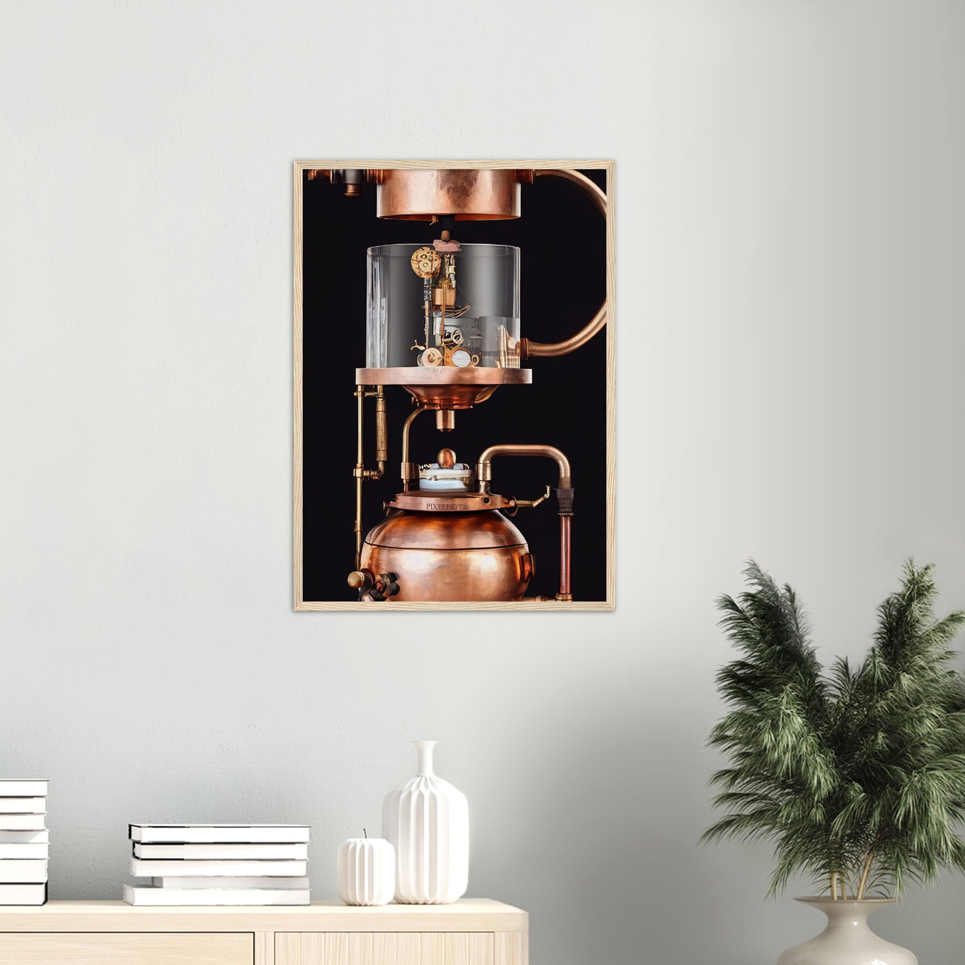 Poster mit Rahmen (Holz) - Steampunk - Coffee Maker - No.6 - Collection Cup - Pixelboys - Wandbild - Kunstwerk - Hotelkunst - Kunst auf Postern - Fine Art - Steampunk - Future - Maschine - Poster with frame - Office Poster - Art Brand - Pixelboys - Coffee House - Restaurant Poster - Wall Art - Kunstdruck - Geschenkidee - Kunst auf Acrylglas - Future Coffee Cup - Personalisierbare Tasse - Gastro Tasse - exklusiv - Acryldruck - Gastronomie Poster - Hotelposter - Teestube - Steam Punk Kitchen -   