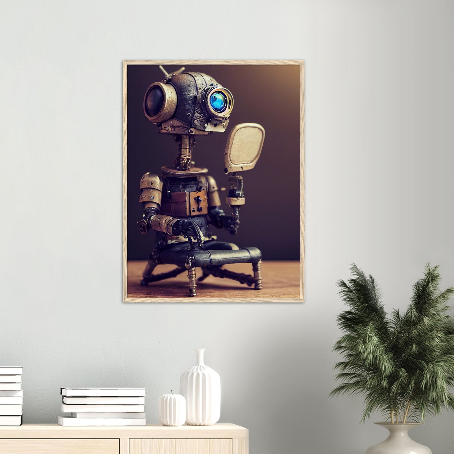 Poster mit Rahmen (Holz) in Museumsqualität - Tiny robot with a mirror - Hitoshi 人 - Wall Art - Spiegel - Acryldruck - Wandkunst - Customizable Coffee Cup - Personalized Gifts - Kunstdruck - Kleine Roboter - Acryldruck - Little Robots - Personalized Gifts - Tiny  - Steampunk - zukunft - Poster with frame - Kunstwerk - Office Poster - Poster mit Rahmen - Kaffee Tasse - Poster - Bedruckte Tassen - Kunst Marke - Art Brand - Kunstdrucke - Künstler: John Grayst & Pixelboys - emotional robots - Geschenkidee - 