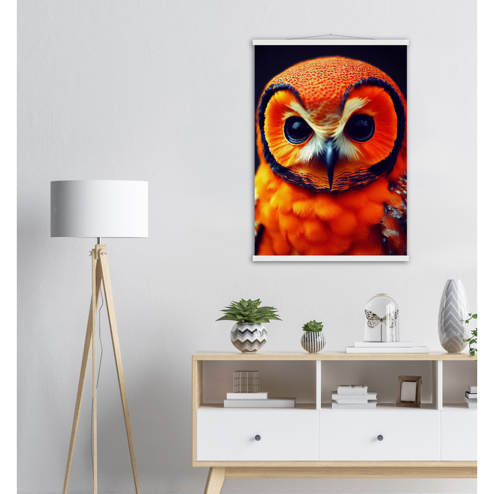 Poster mit Leisten (Holz) - Fruit Owl No. 1 - "Orangina", the orange owl - Serie Fruit Owls - Schleiereulen - lat. Tytonidae - Fruchteulen - Vogel - Bird - Strigiformes - Noctua - Ornithologie - Kunstwerk - Acryldruck - Poster mit Rahmen - Poster mit Leisten - Bedruckte Tassen - Kunst Marke - Art Brand - Pixelboys - Kunstdruck - Acrylbild - Wandbild - Kunstdrucke - Papier: 250g/qm - Künstler: John Grayst & Pixelboys - Eulen - Owl-  - Atelier - England - London - Birmingham - Manchester - Leeds - Liverpool  