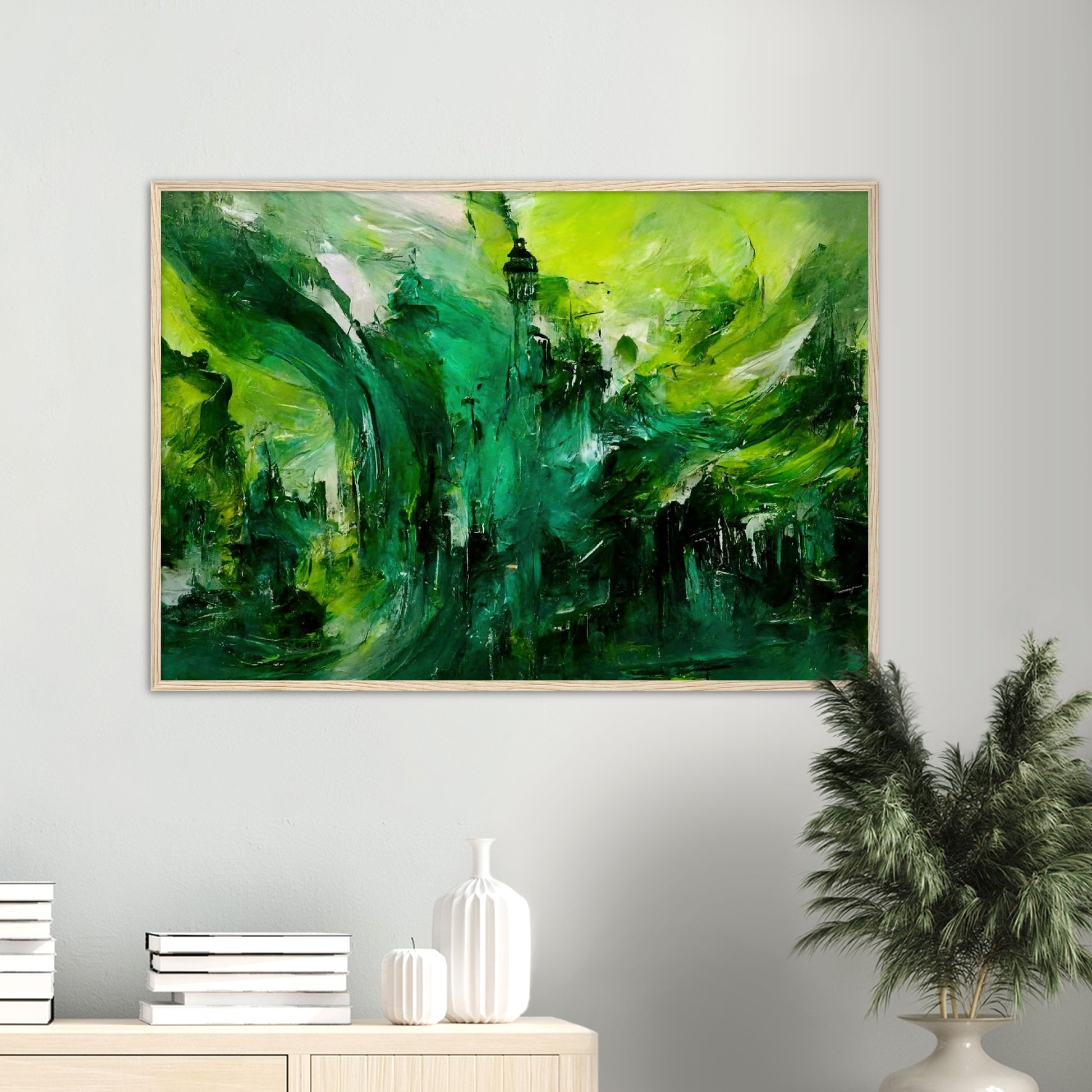 Poster mit Rahmen (Holz) - in Museumsqualität - Storm over London - „Revenge of Nature“ - Ölgemälde - Grüner Sturm - Abstract - London - Planet - Fineart - Green Sea - Wandkunst - Holzrahmen - Poster with frame - Abstract Green - artwork - art brand - printed cup personalized - Holzleisten - pixelboys - Kunstdrucke - wandbilder - wall art - Kunst auf Tassen  - Office Poster - Wanddekoration - Fineart  - Colorfull - Dynamic - Acrylkunst - Geschenkidee - Office Poster - Acryldruck - Abstrakte Kunst -