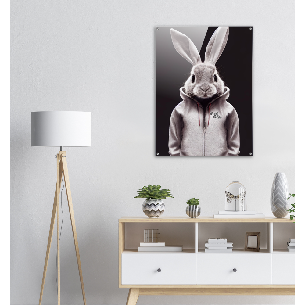 Acrylbild - Bunny in grey tracksuit - Fashion Gang - Acryldruck - Ostern - Geschenkidee - Osterhase - Bunny Crew: "Valerian" - "Caesar" - "Constantin" - "Cleo"-Titus - Weisser Hase - Easter Bunny - Cute - grey tracksuit - sweats - Alice's Adventures in Wonderland - Modemarke - Pixelboys Brand - Valerian der Hase - Kaninchen  - Künstler: "Pixelboys" - Atelier - Germany - Berlin - Hamburg - Colgne - France - Paris - Italy - Rom - USA - America - New York City - Los Angeles - Chicago - 