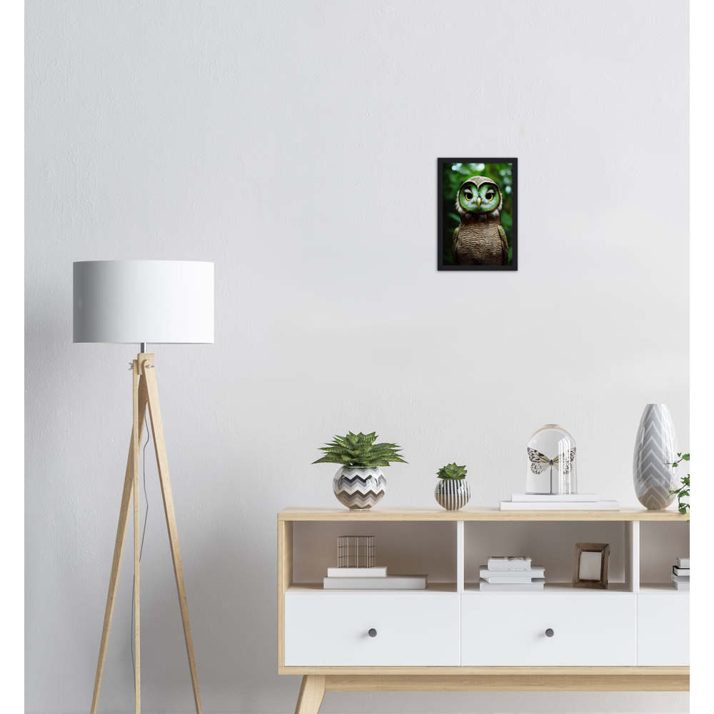 Poster mit Rahmen - Fruit Owl No. 4 - "Kiki", the Kiwi Owl - Wandkunst - Kunstdruck - (lat. tyto actinidia) - Kiwi Eule - Kiwi Owl - Fruchteulen - Vogel - Bird - Strigiformes - Noctua - Ornithologie - Kunstwerk  - Office Poster - Poster mit Rahmen - Kaffee Tasse - Poster mit Leisten - Bedruckte Tassen - Kunst Marke - Art Brand - Acryldruck - Wandbild - Kunstdrucke - Papier: 250g/qm - Künstler: John Grayst & Pixelboys - Eulen - Owl - Geschenkidee - 